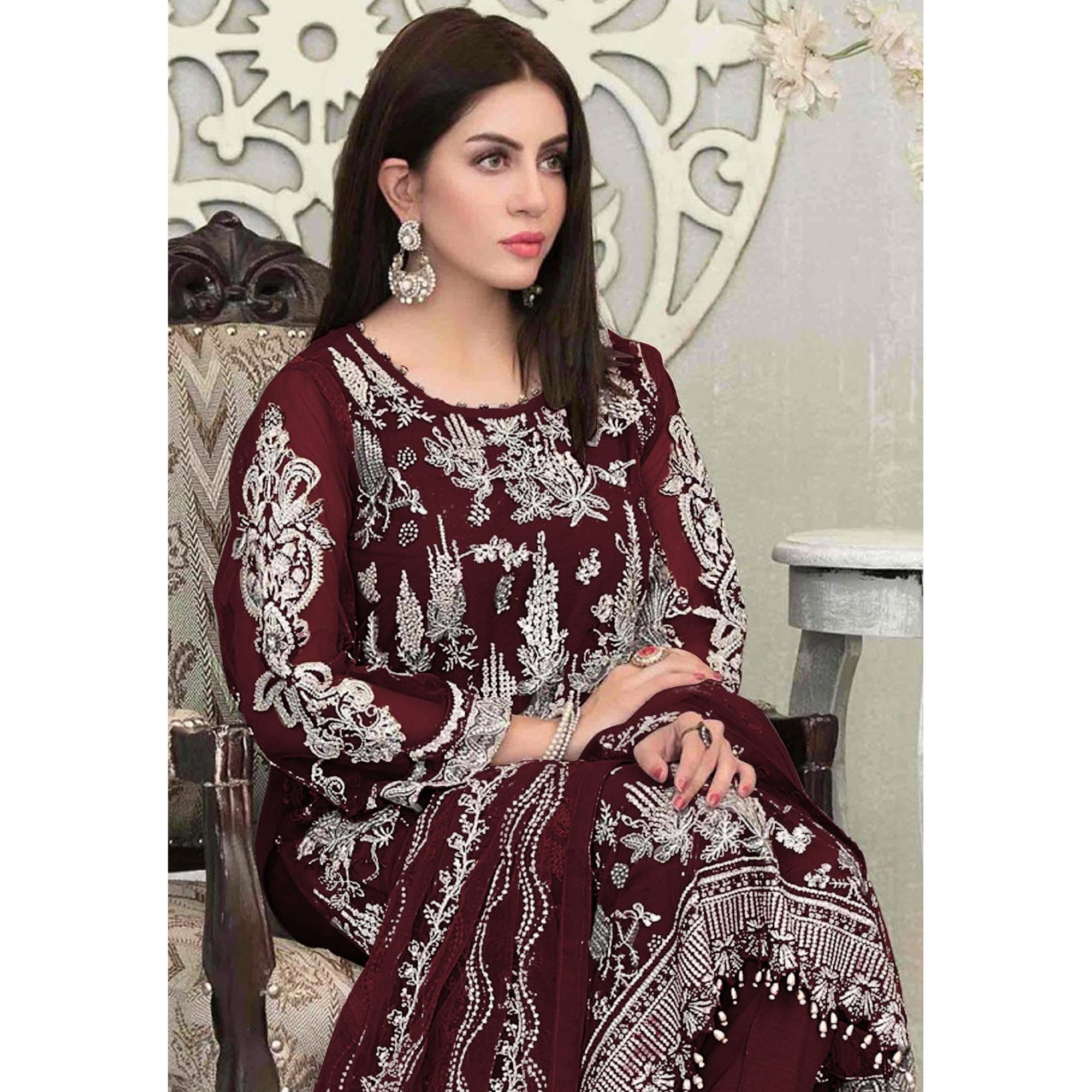 Maroon Floral Embroidered Georgette Pakistani Suit