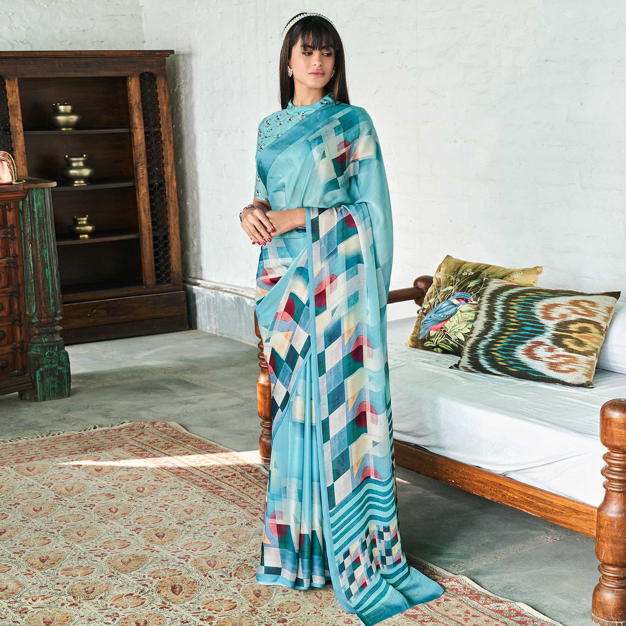 Blue Digital Printed Satin Saree