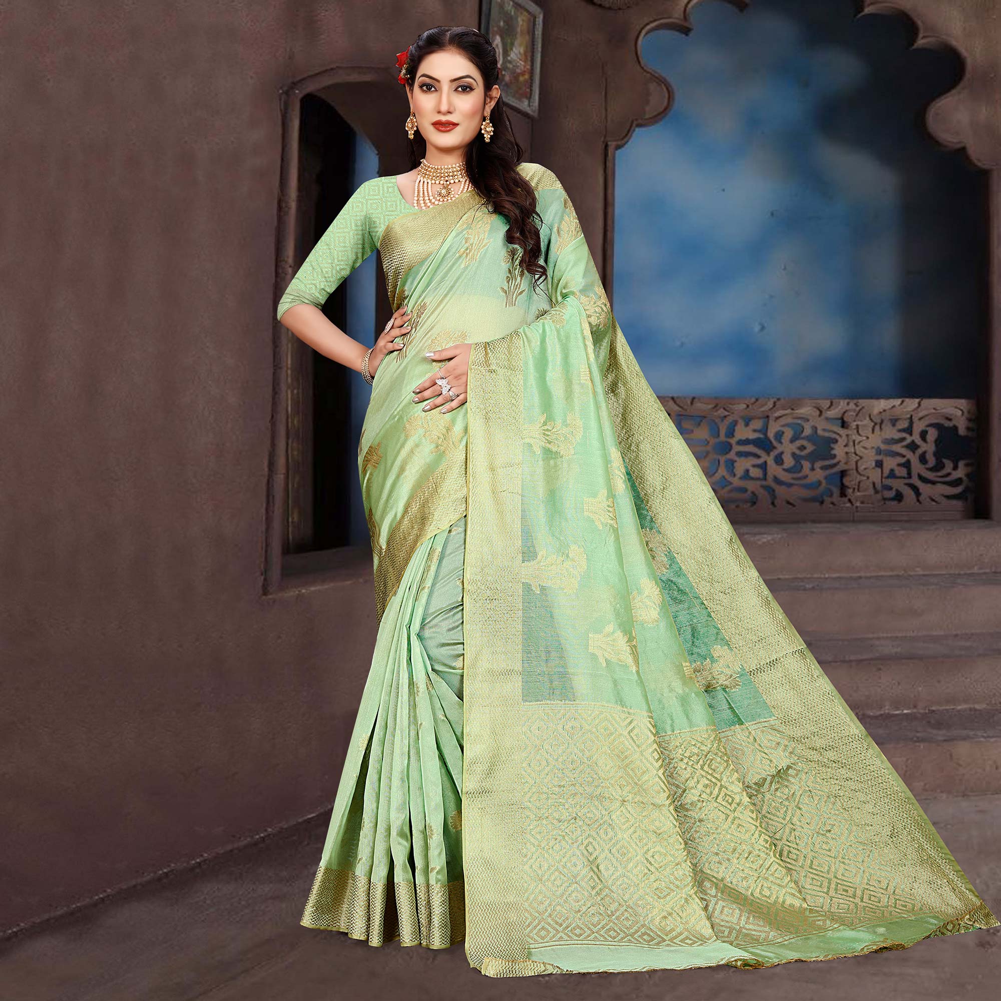 Sea Green Floral Woven Organza Saree