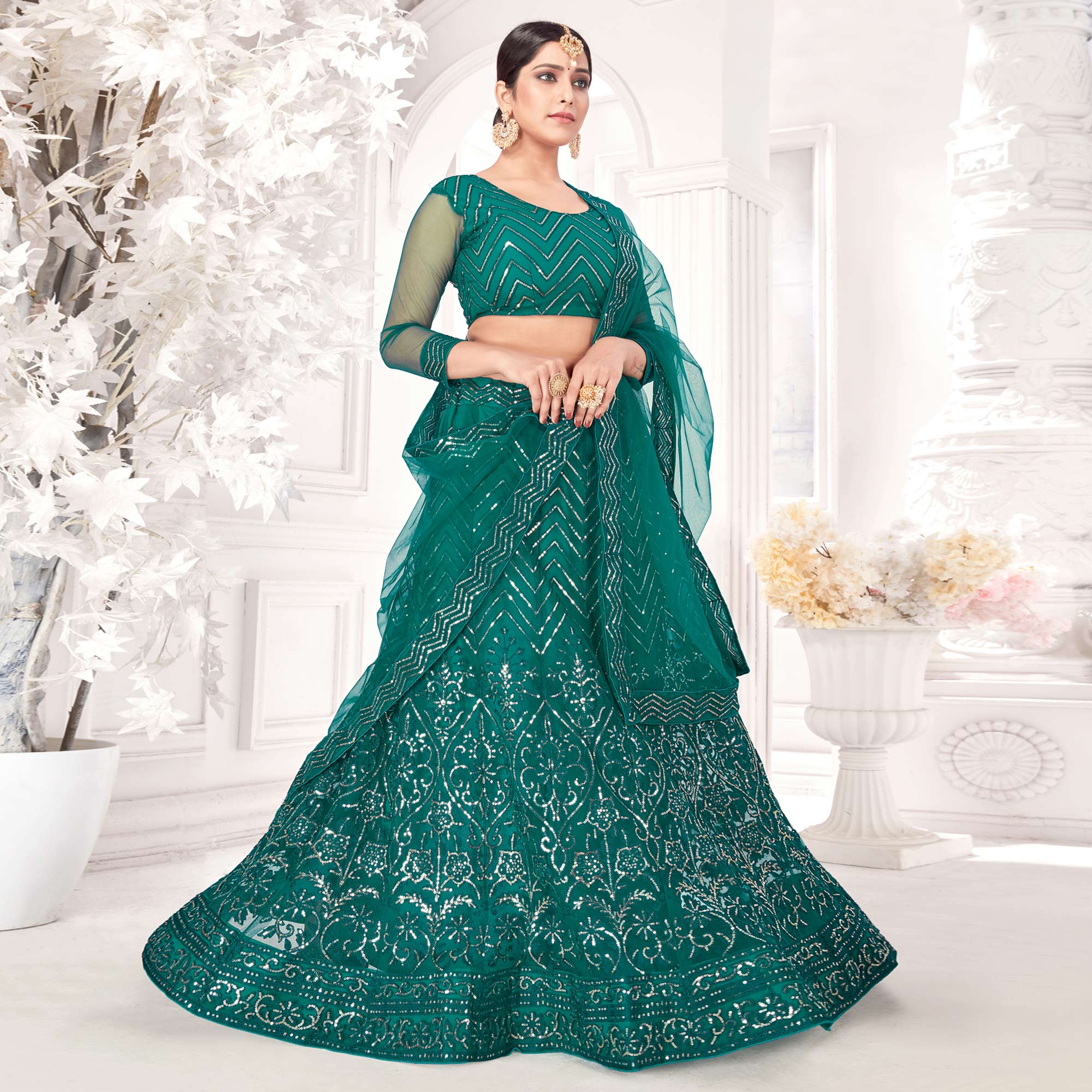 Rama Green Sequins Embroidered Netted Lehenga Choli