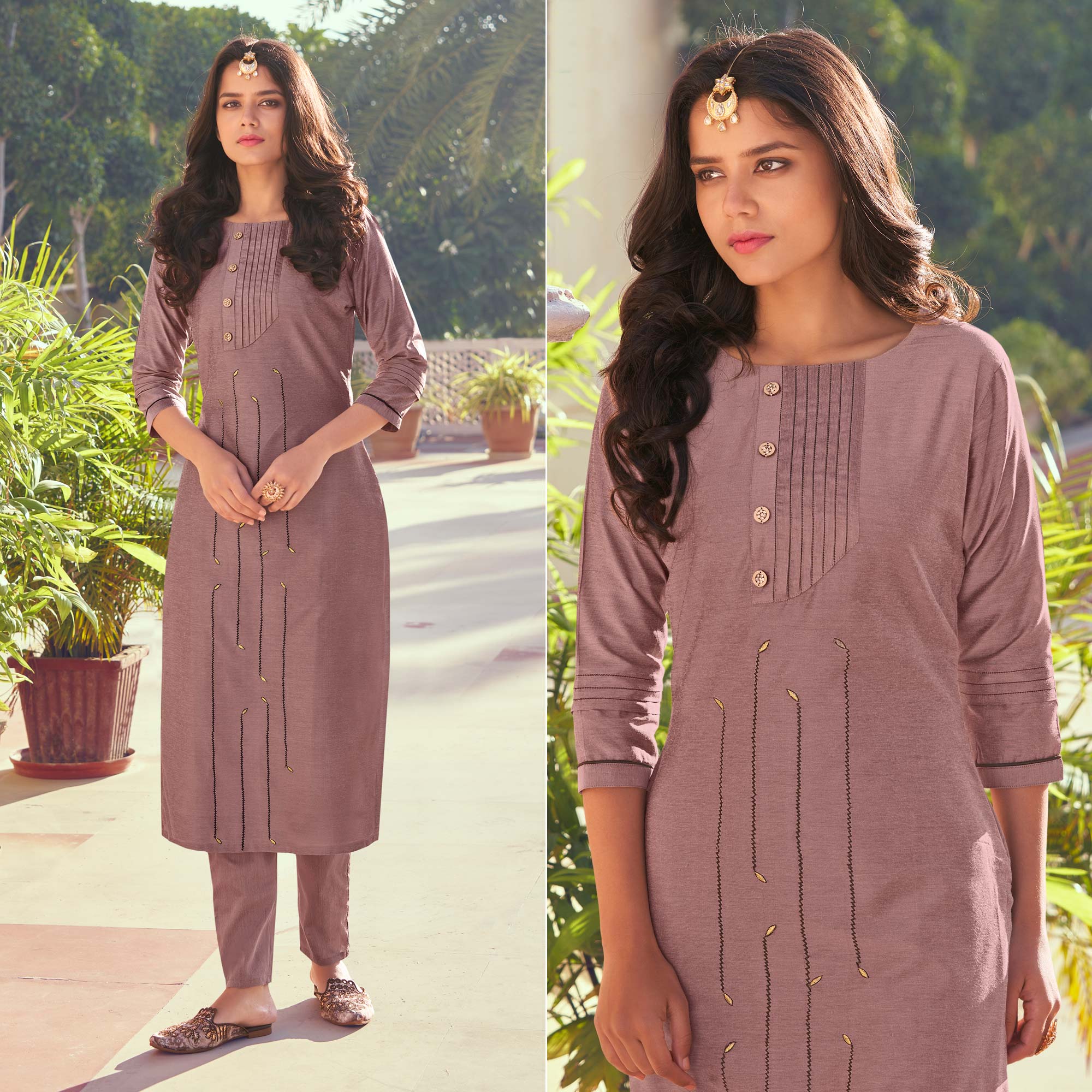 Mauve Embroidered Art Silk Kurti Pant Set