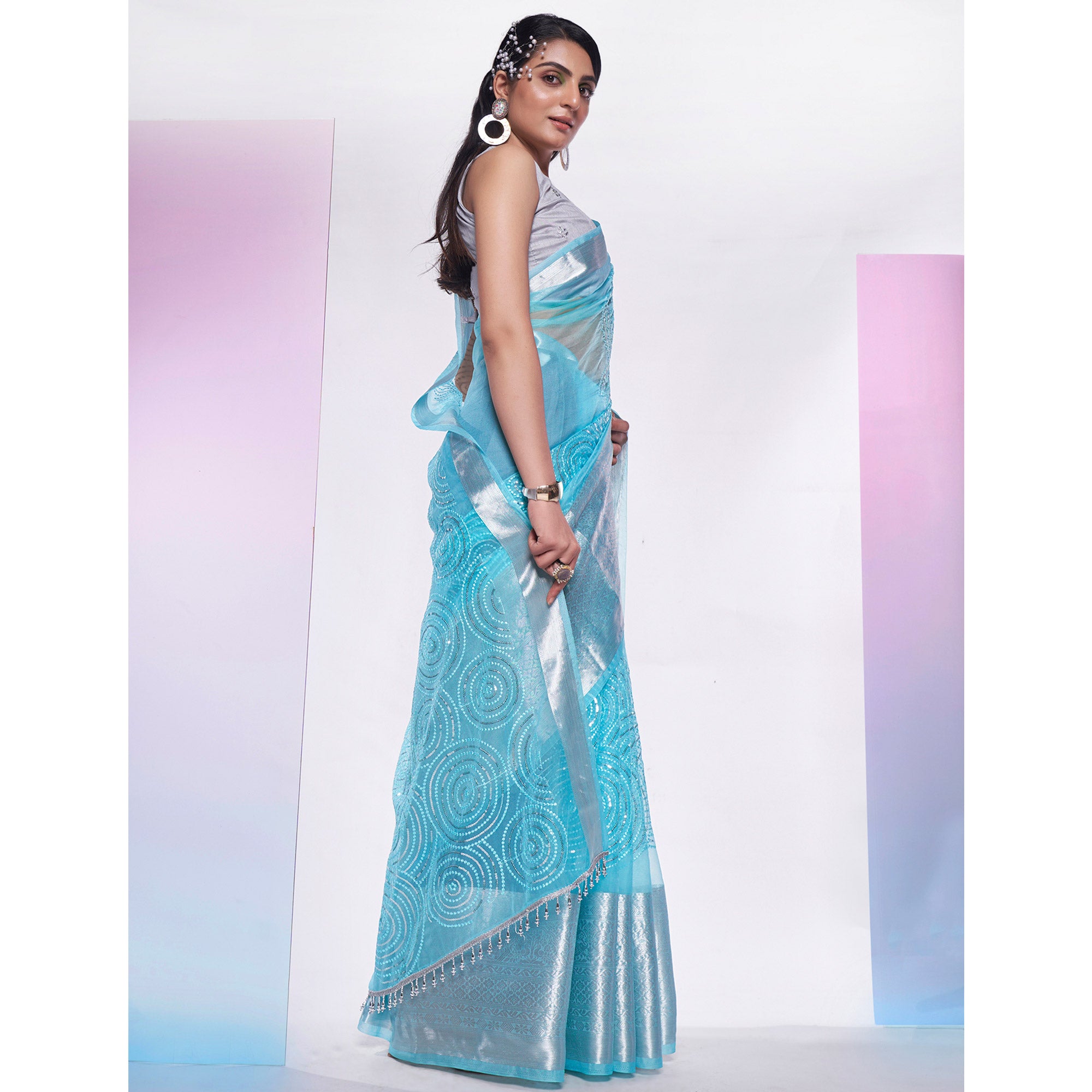 Blue Sequins Embroidered Organza Saree