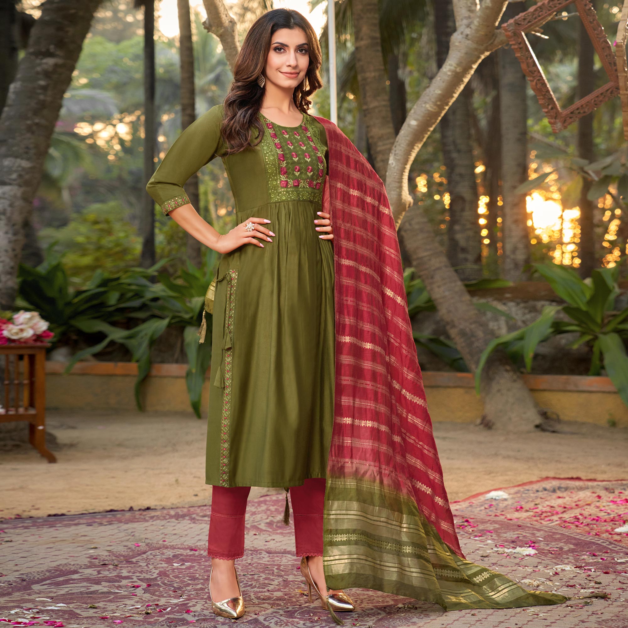 Olive Green Floral Embroidered Pure Silk Naira Cut Suit