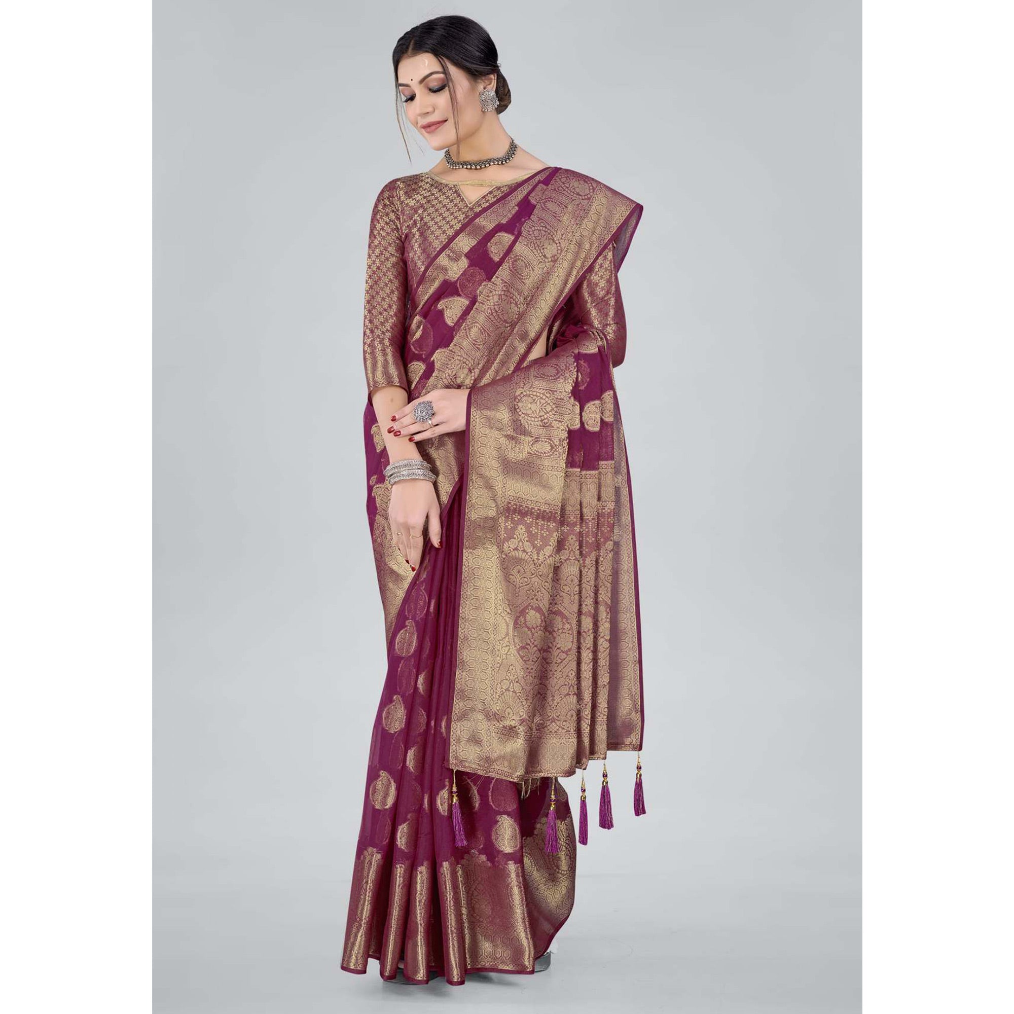 Purple Woven Organza Saree With Tassels