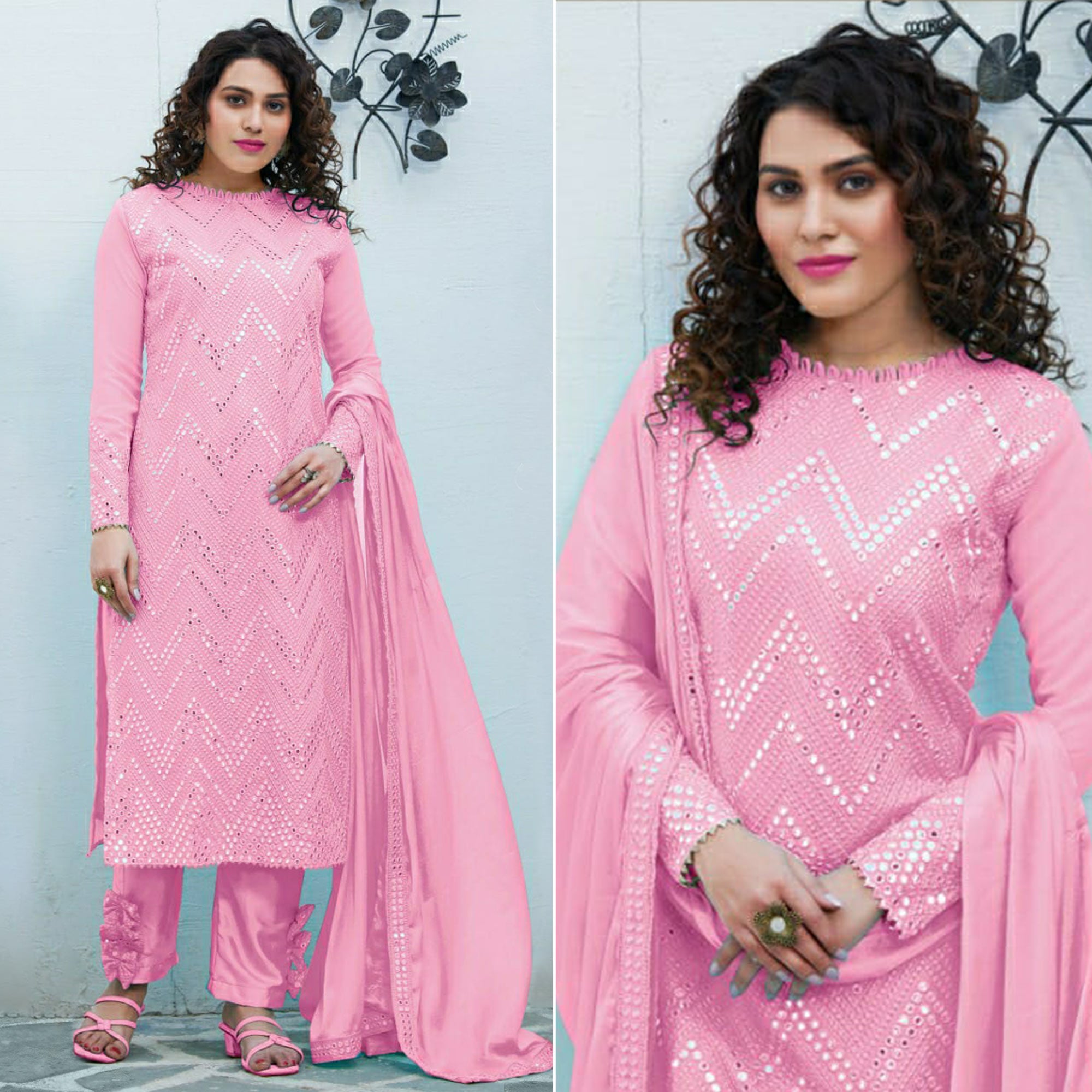 Pink Mirror Embroidered Georgette Suit