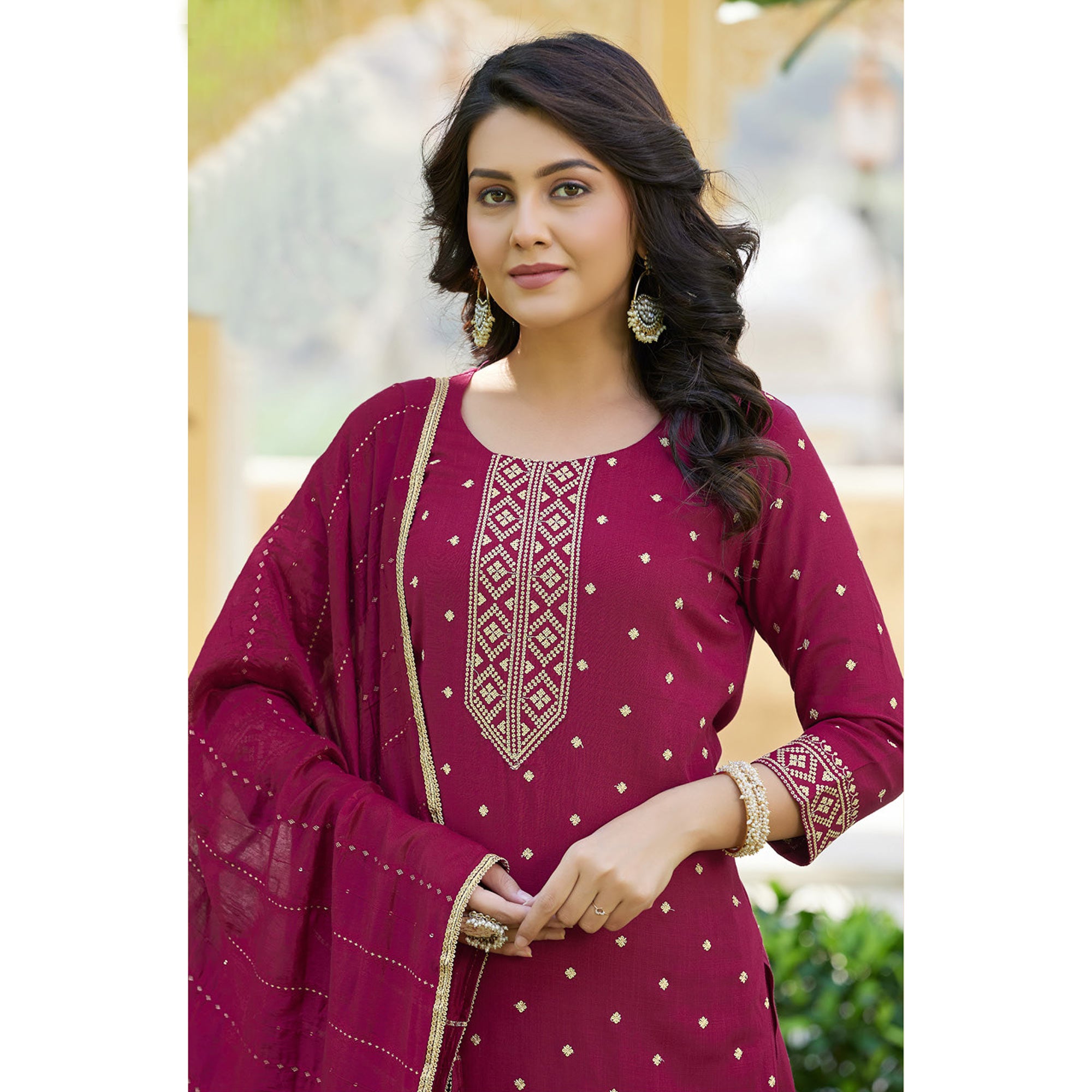 Magenta Maroon Embroidered Cotton Salwar Suit