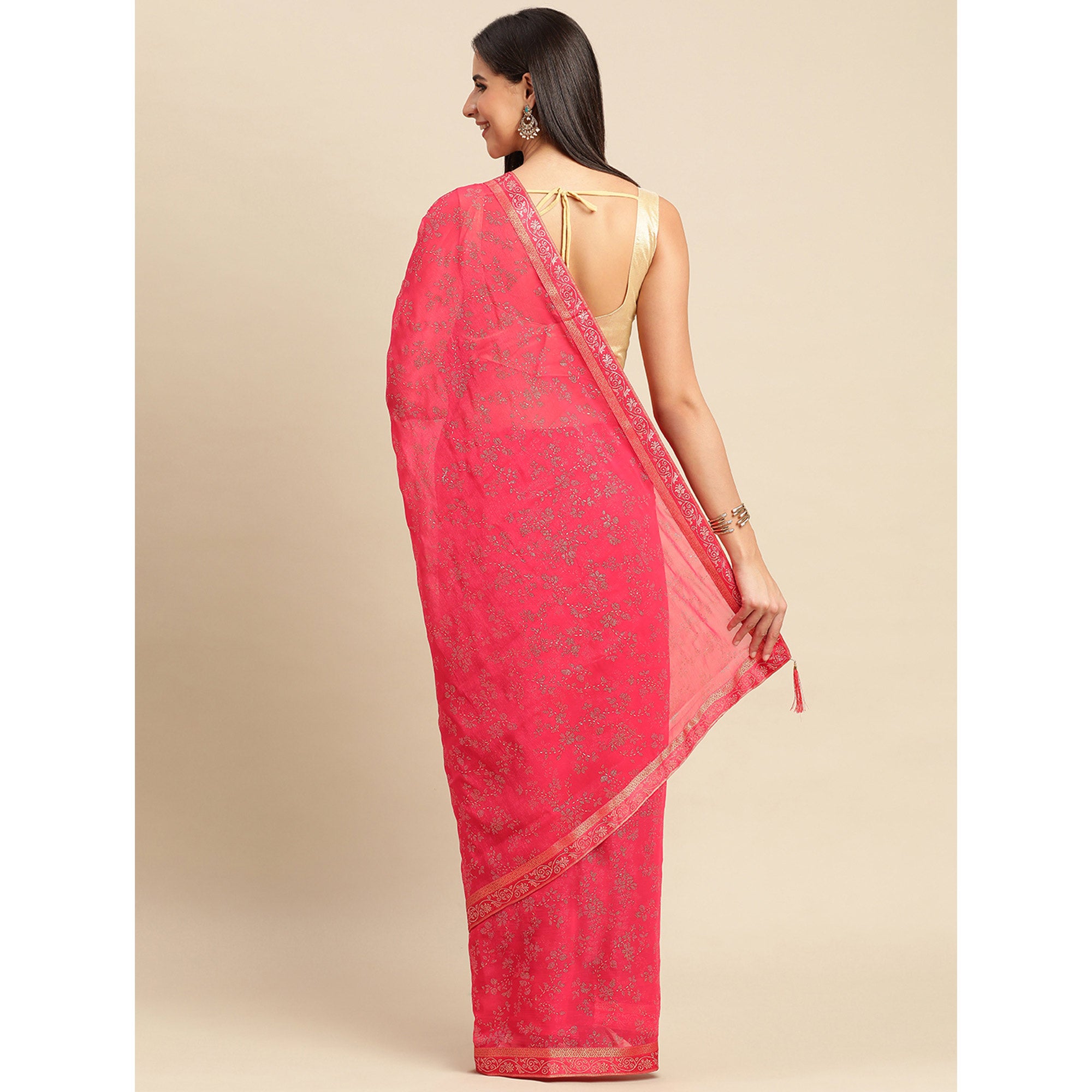 Pink Floral Foil Printed Shimmer Saree