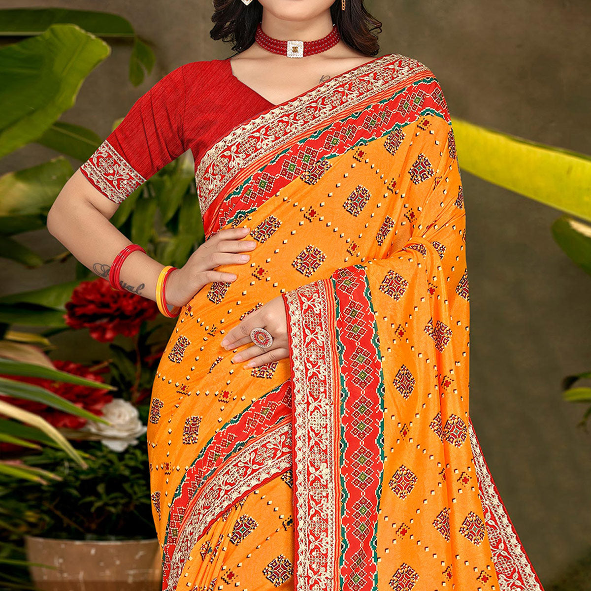 Mustard Digital Print With Sequins Vichitra Silk Saree