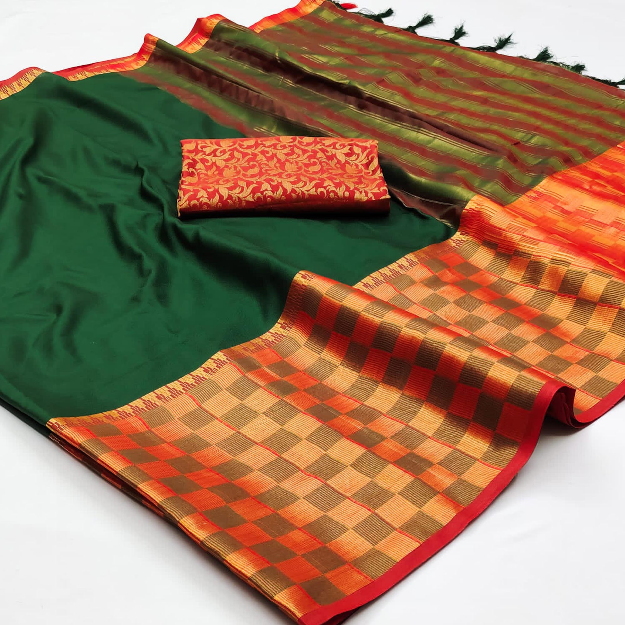 Bottle Green Woven Cotton Silk Saree With Tassels