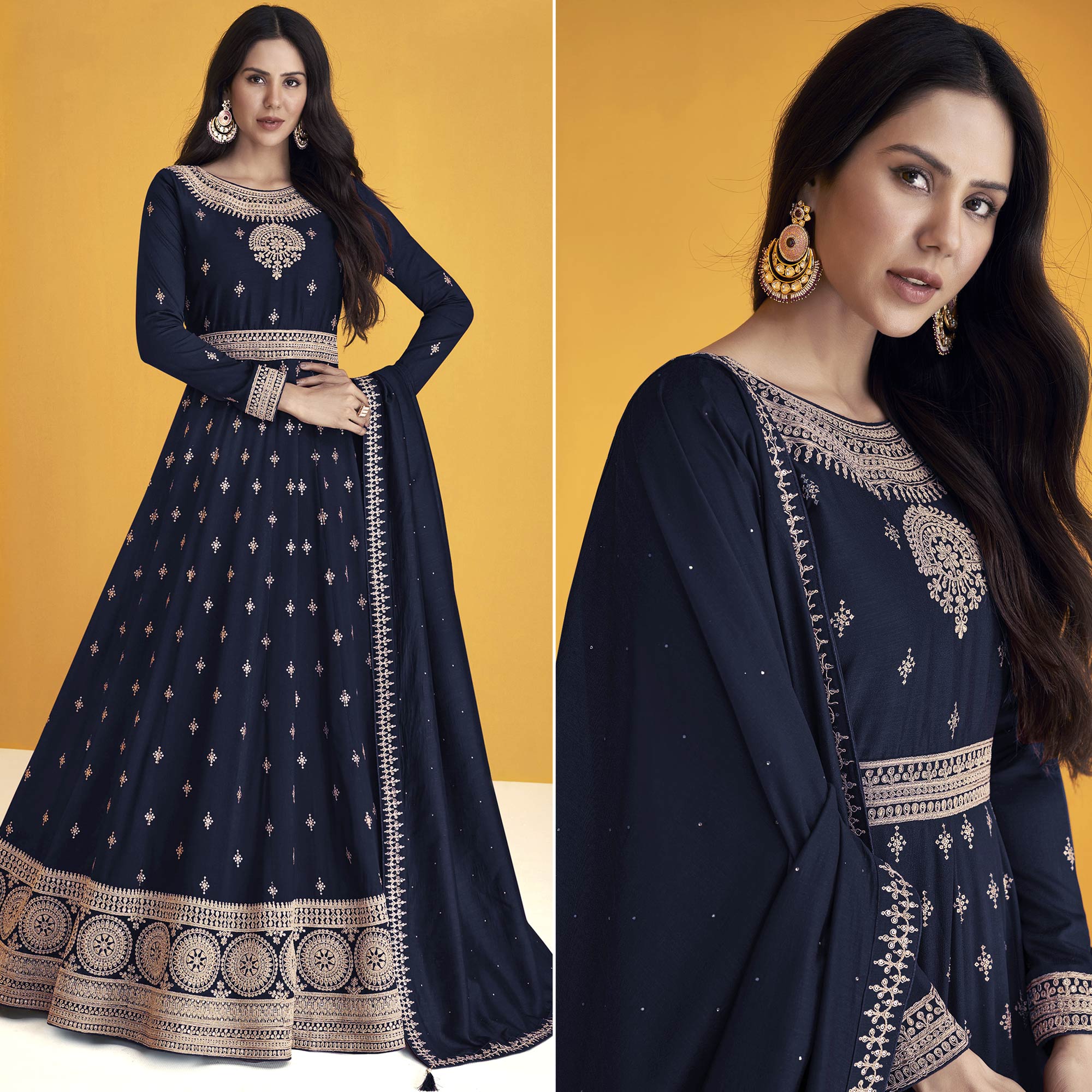 Navy Blue Sequins Embroidered Georgette Semi Stitched Anarkali Suit