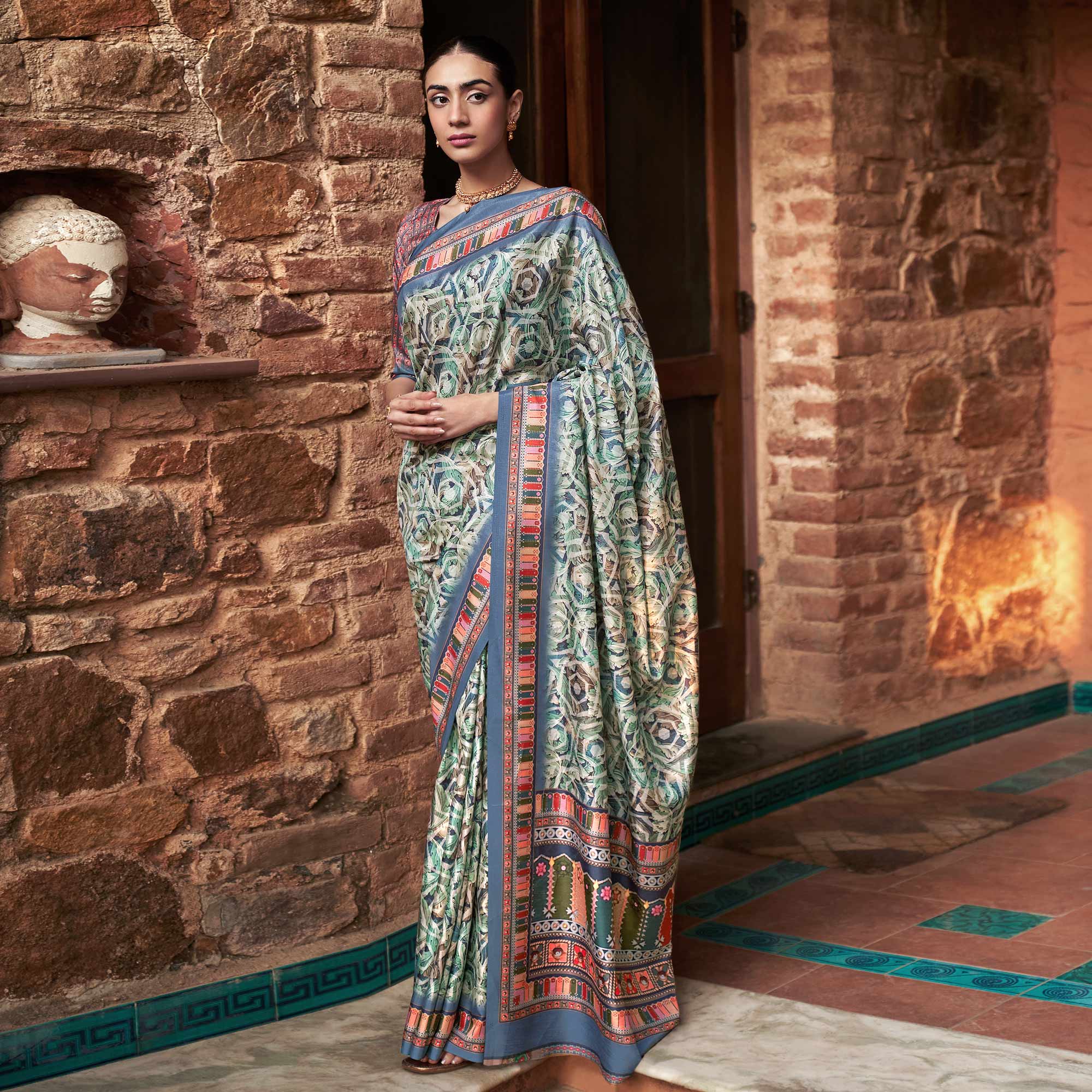 Green Digital Printed Satin Saree