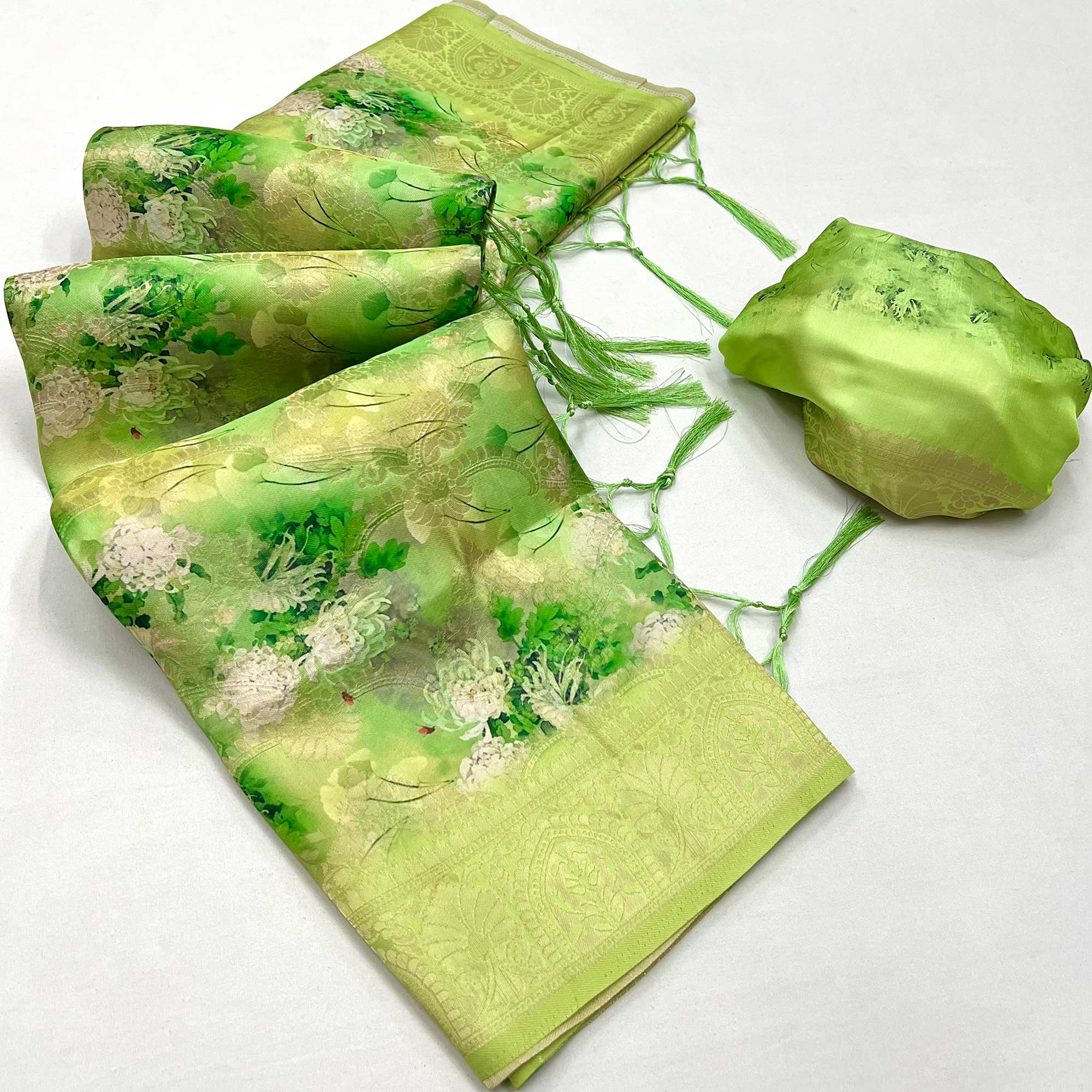 Green Floral Digital Printed Jacquard Saree