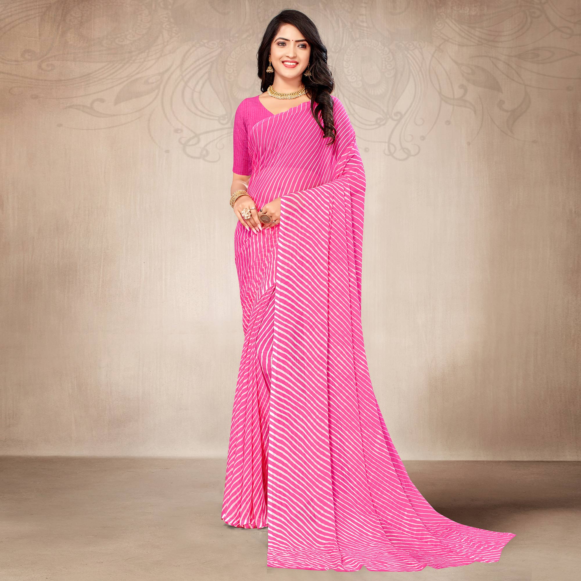 Pink Striped Printed Chiffon Saree