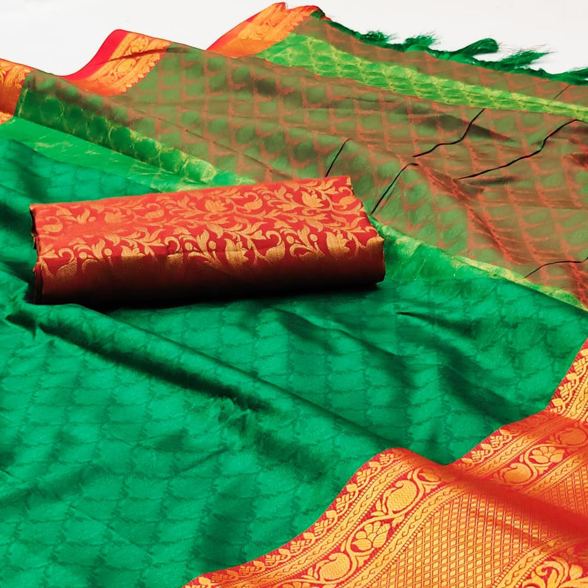 Green Printed And Woven Cotton Silk Saree With Tassels