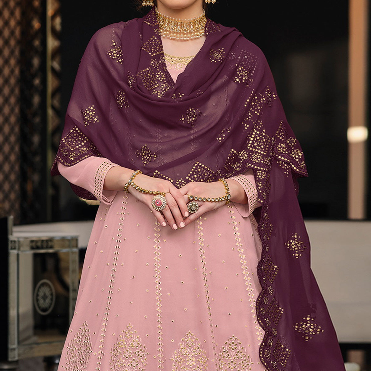 Peach Mirror Embroidered Georgette Sharara Suit