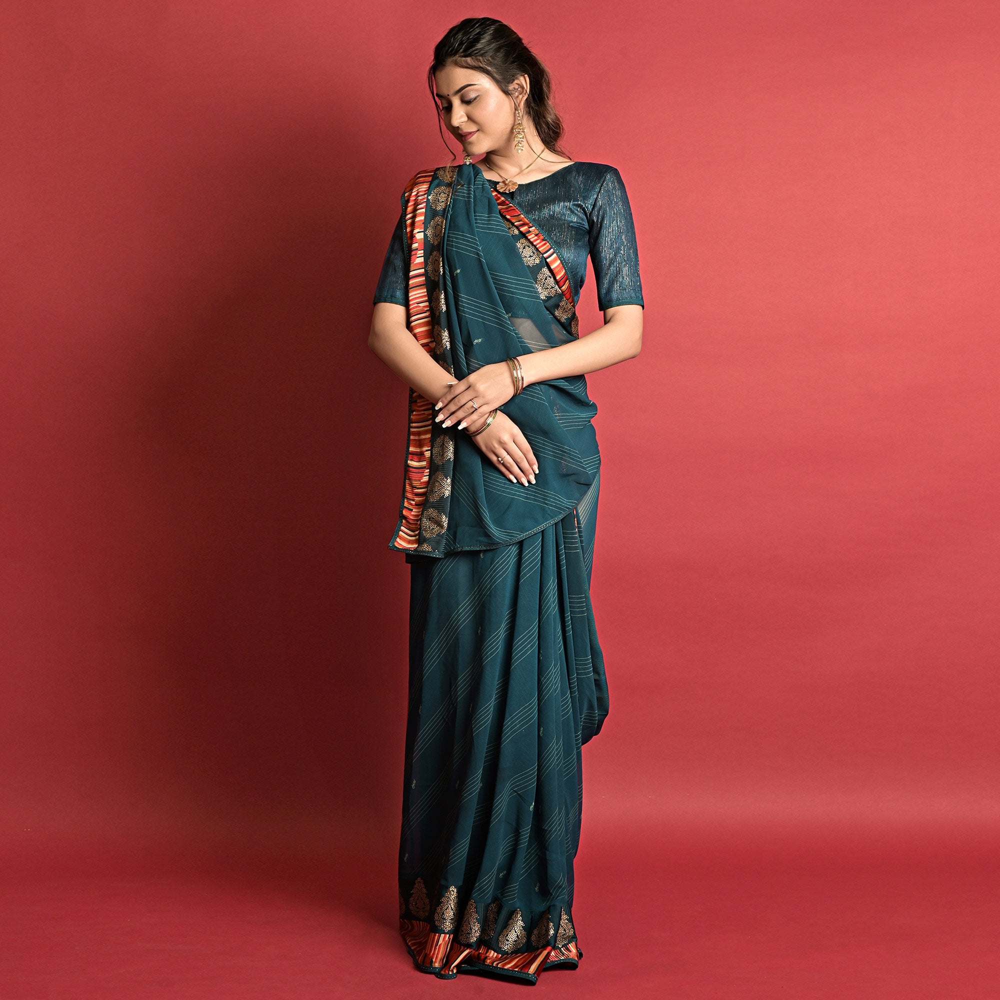 Teal Blue Printed Georgette Saree