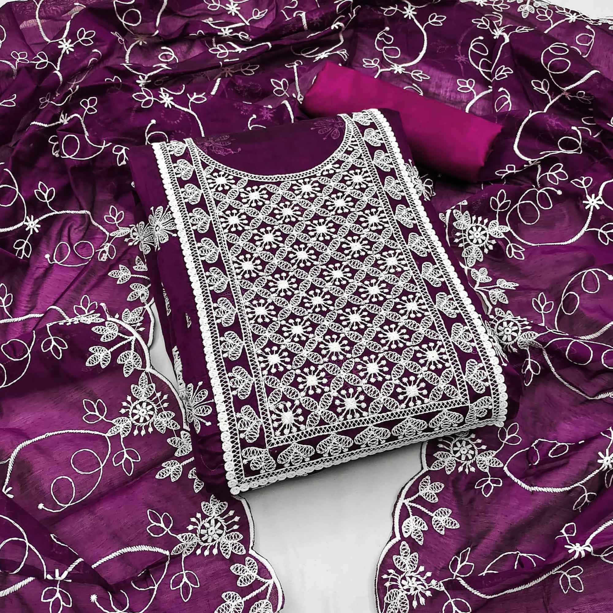 Wine Floral Embroidered Chanderi Dress Material
