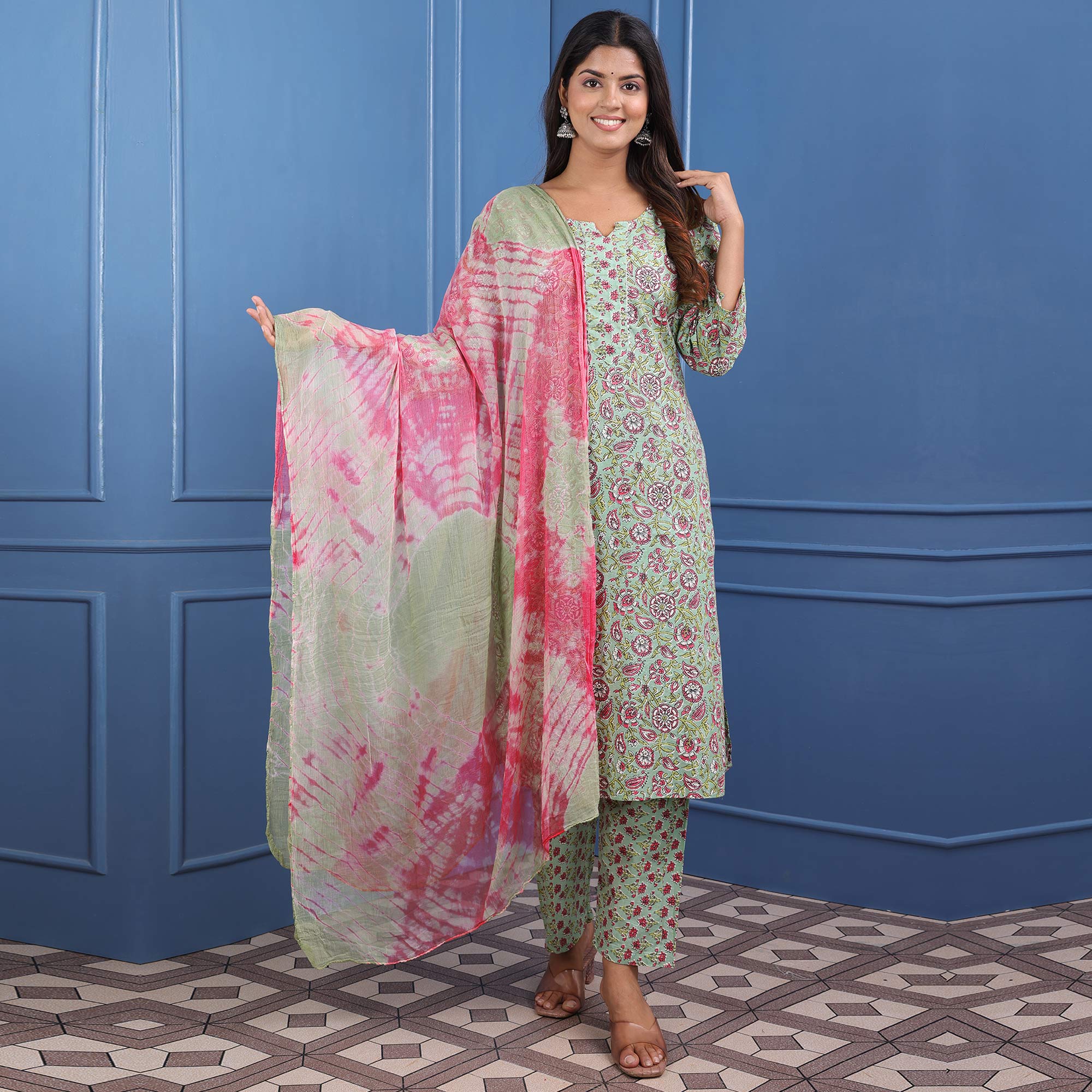 Sea Green Floral Printed Pure Cotton Suit