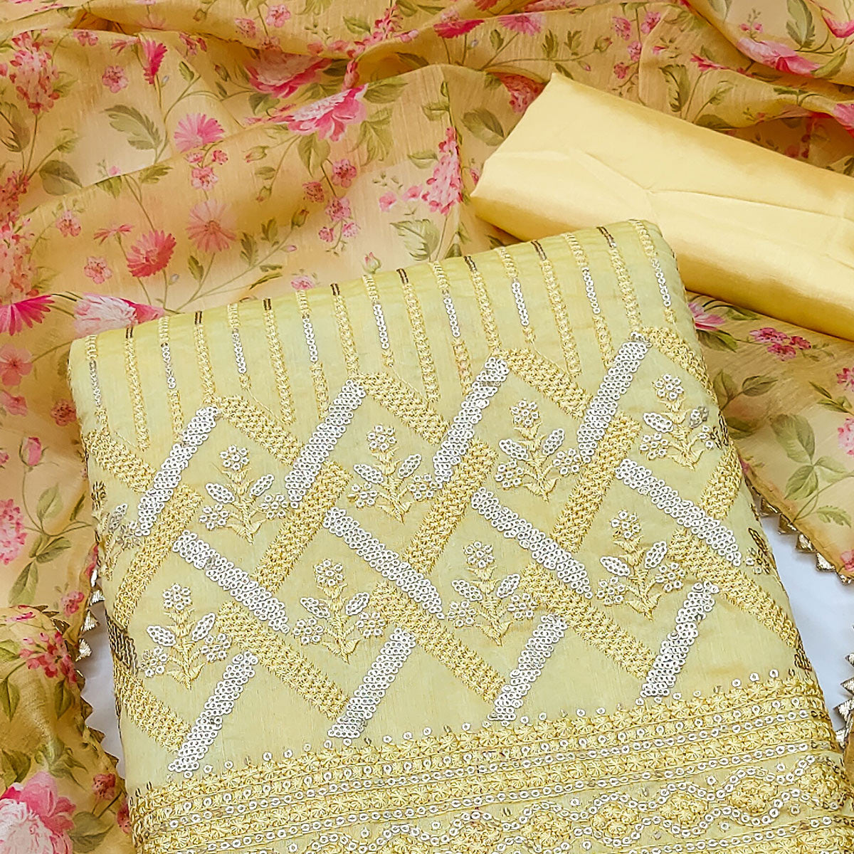 Yellow Sequins Embroidered Chanderi Dress Material