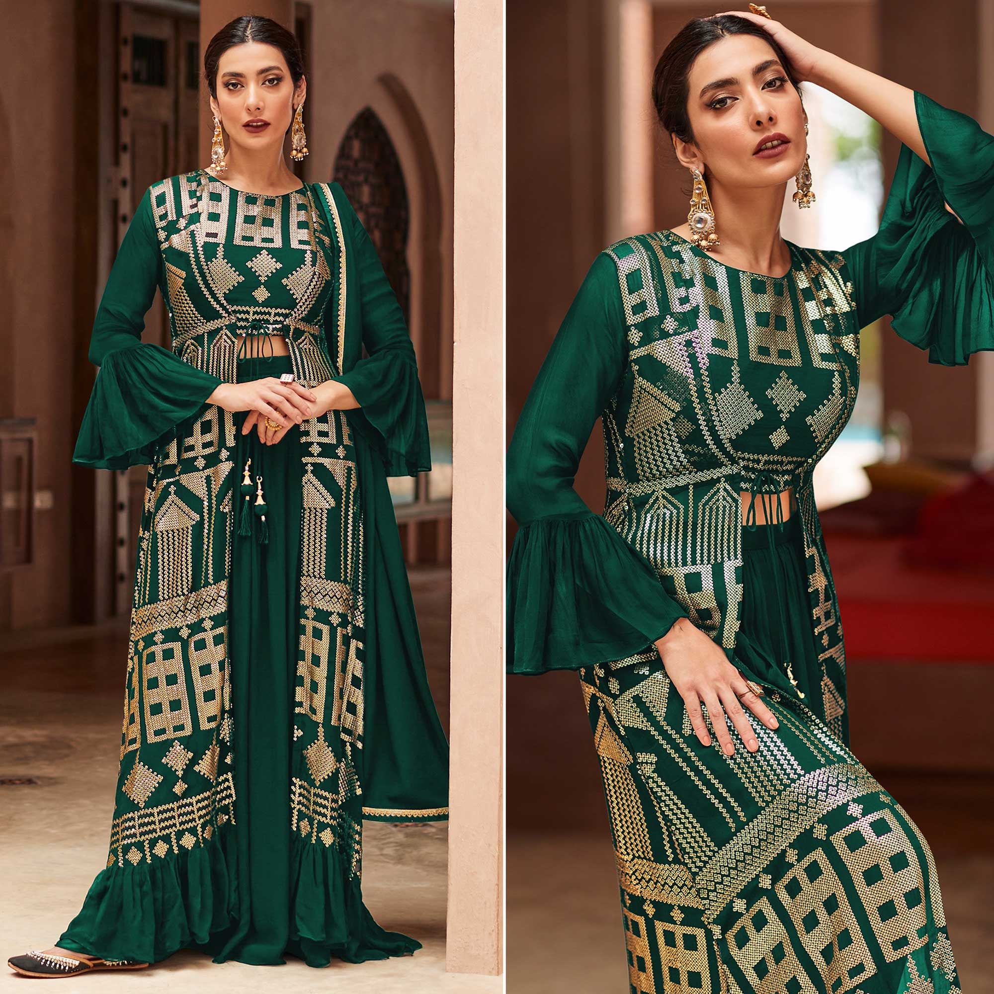 Green Sequins Embroidered Georgette Sharara Choli With Jacket