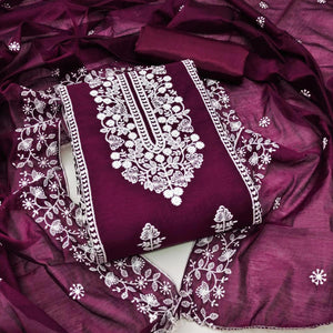 Wine Floral Embroidered Chanderi Dress Material