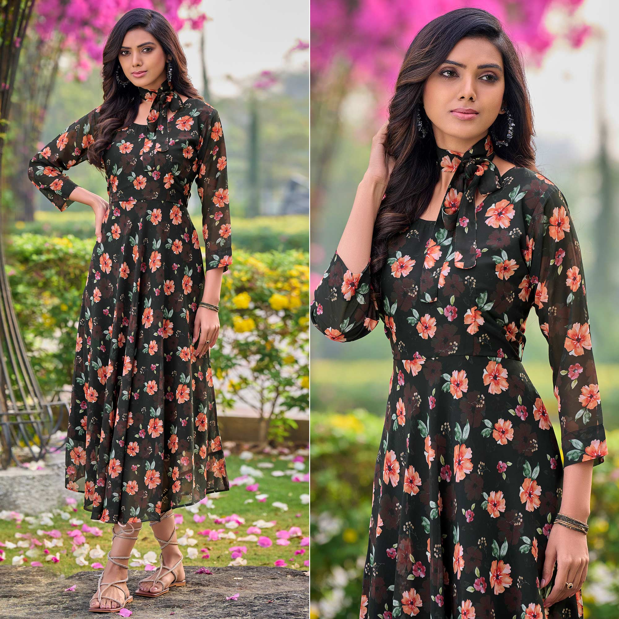 Black Floral Digital Printed Georgette Dress