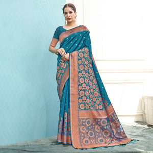 Blue Floral Woven Art Silk Saree