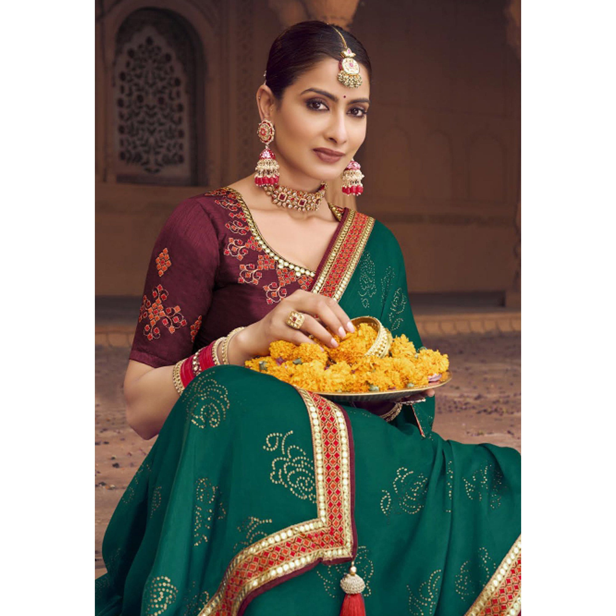 Green Embellished With Embroidered Border Satin Saree