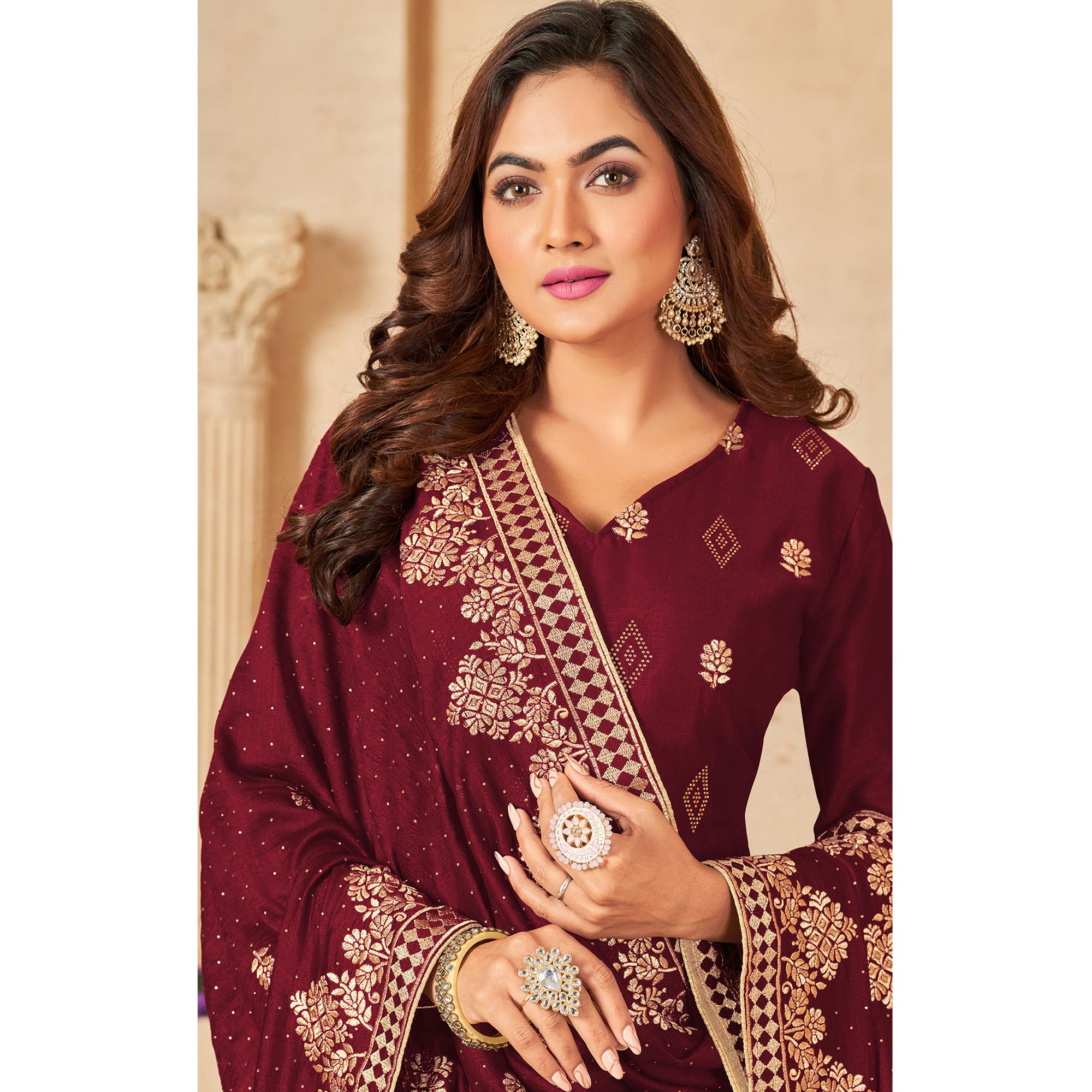 Maroon Embroidered Vichitra Silk Suit