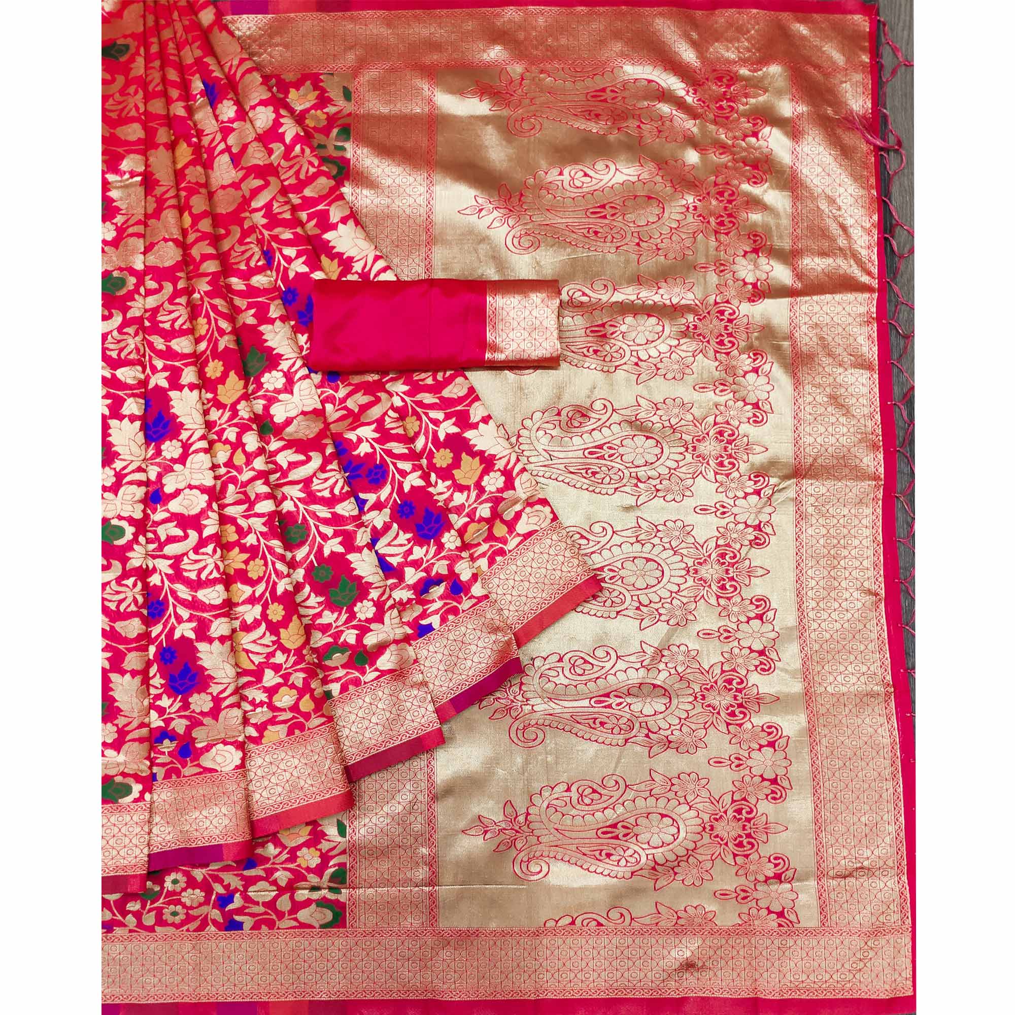 Pink Floral Woven Art Silk Saree