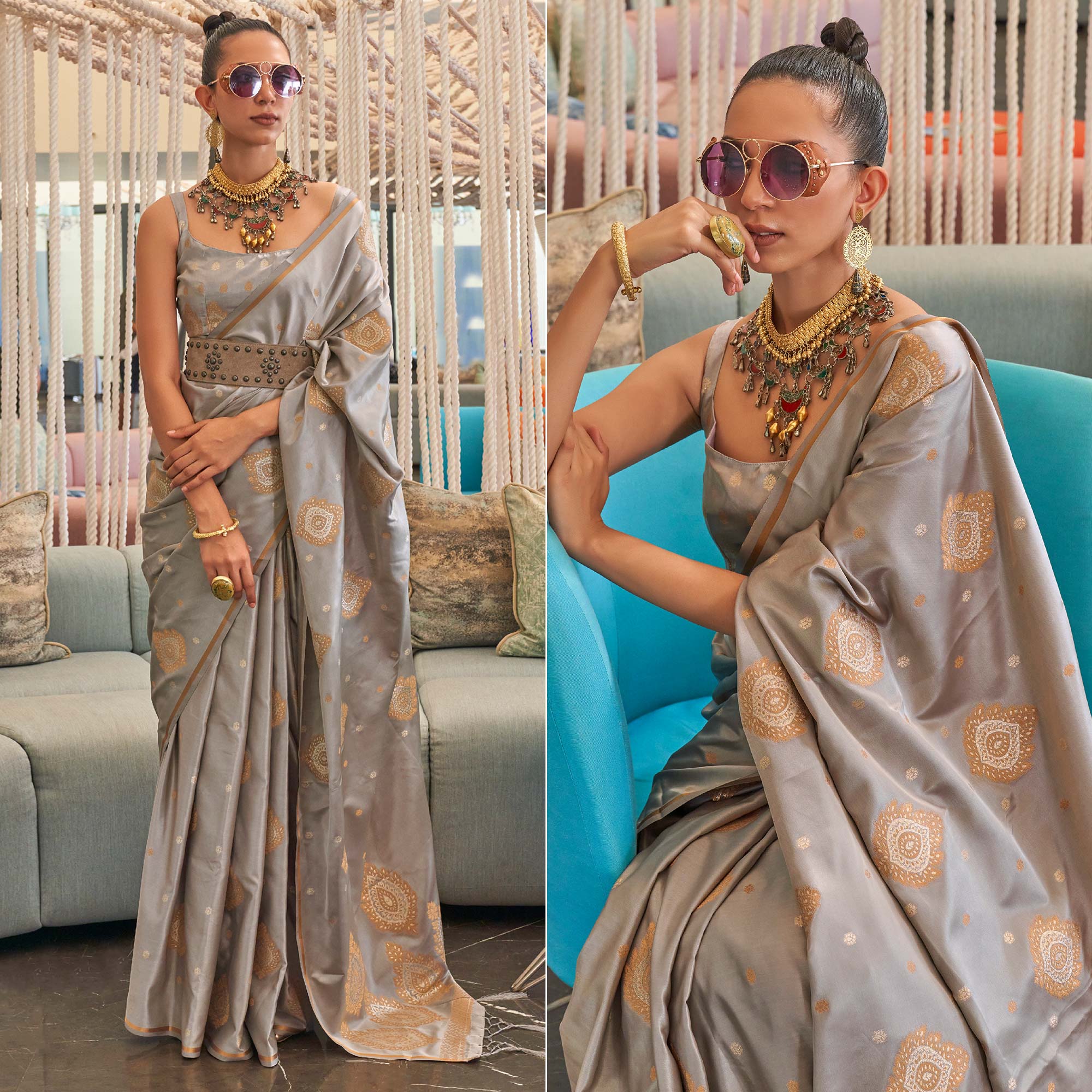 Grey Woven Satin Saree With Tassels