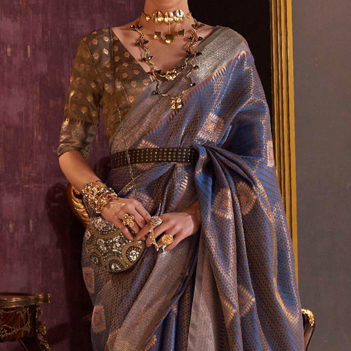 Navy Blue Woven Art Silk Saree With Tassels