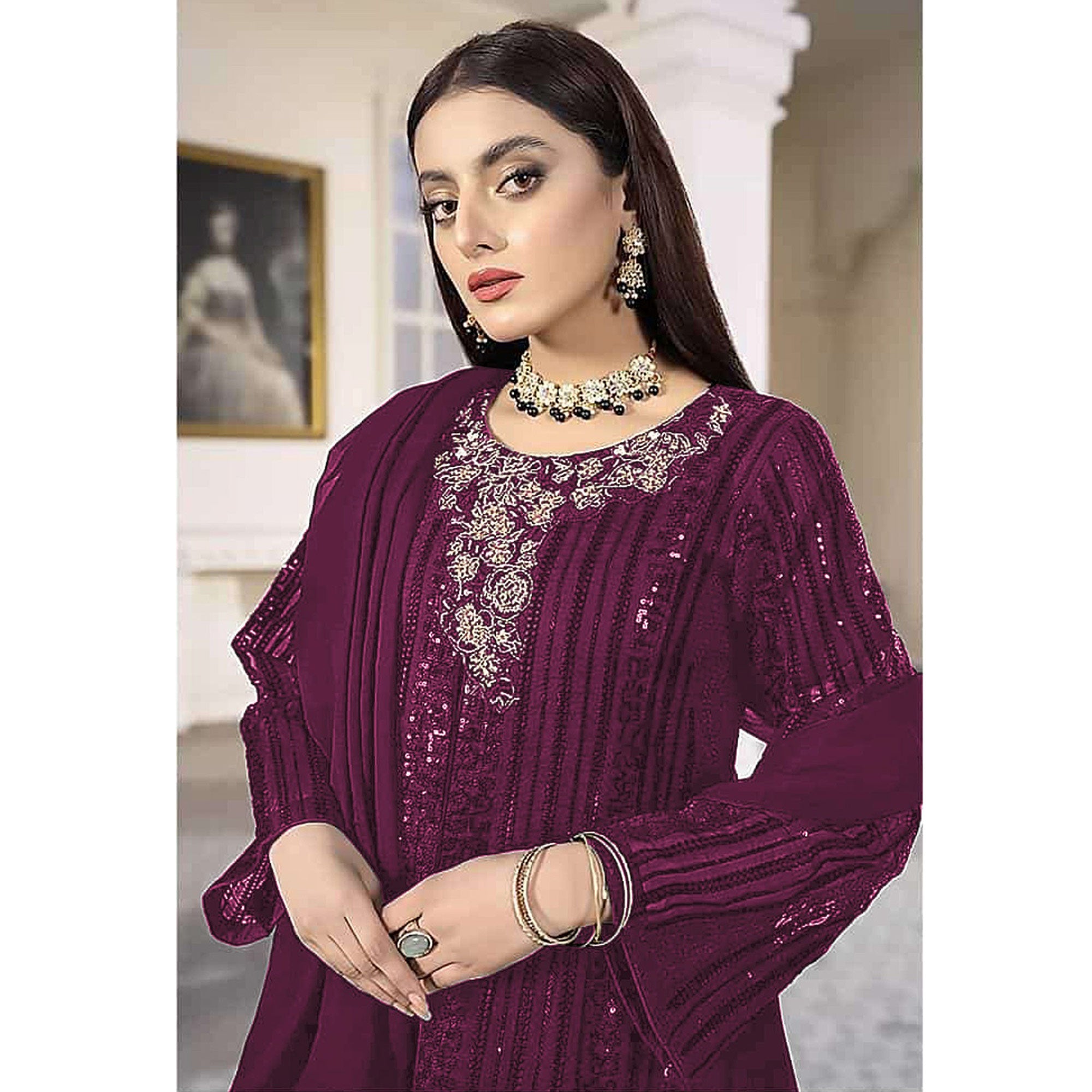 Wine Sequins Embroidered Georgette Pakistani Suit