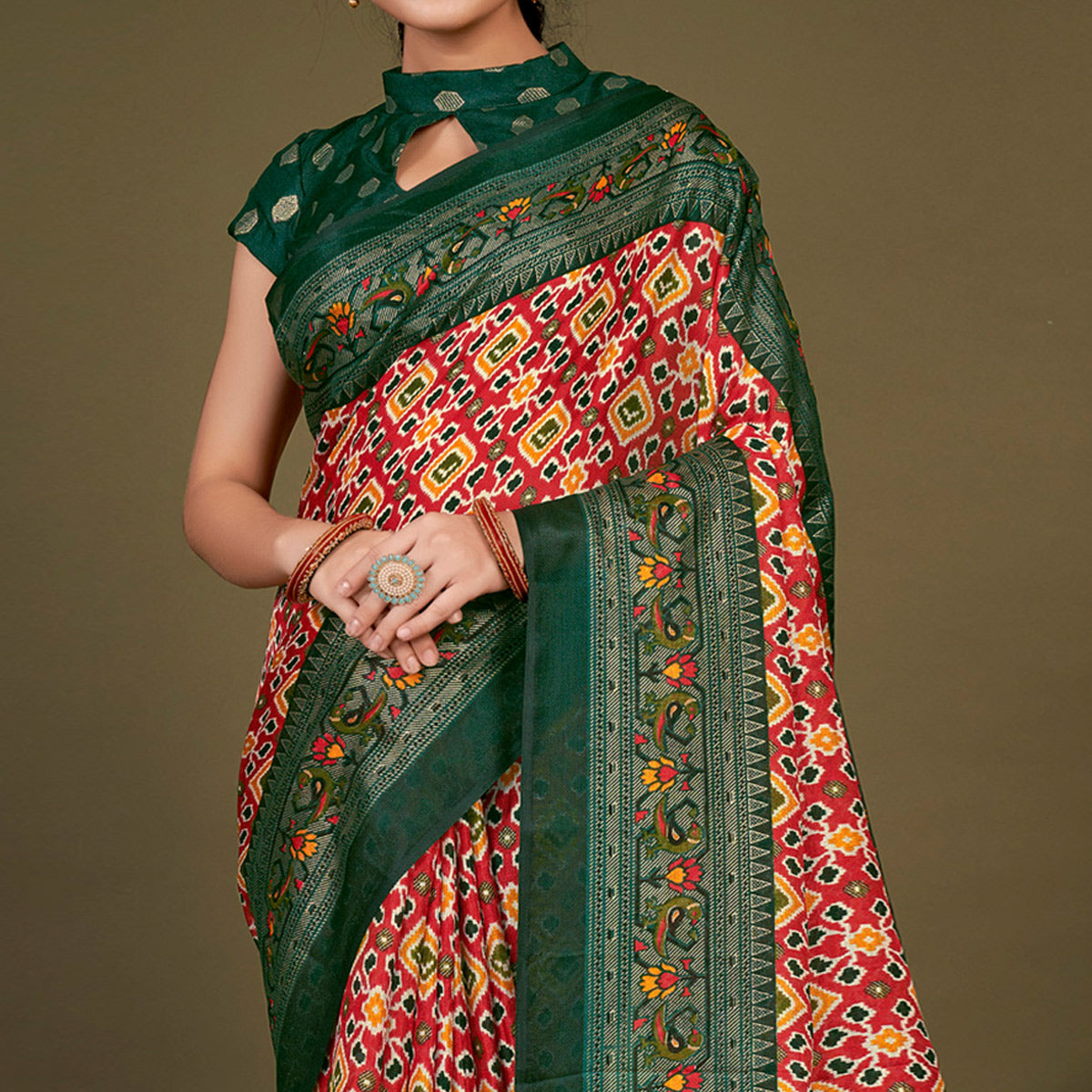 Red Printed Jute Patola Saree With Tassels