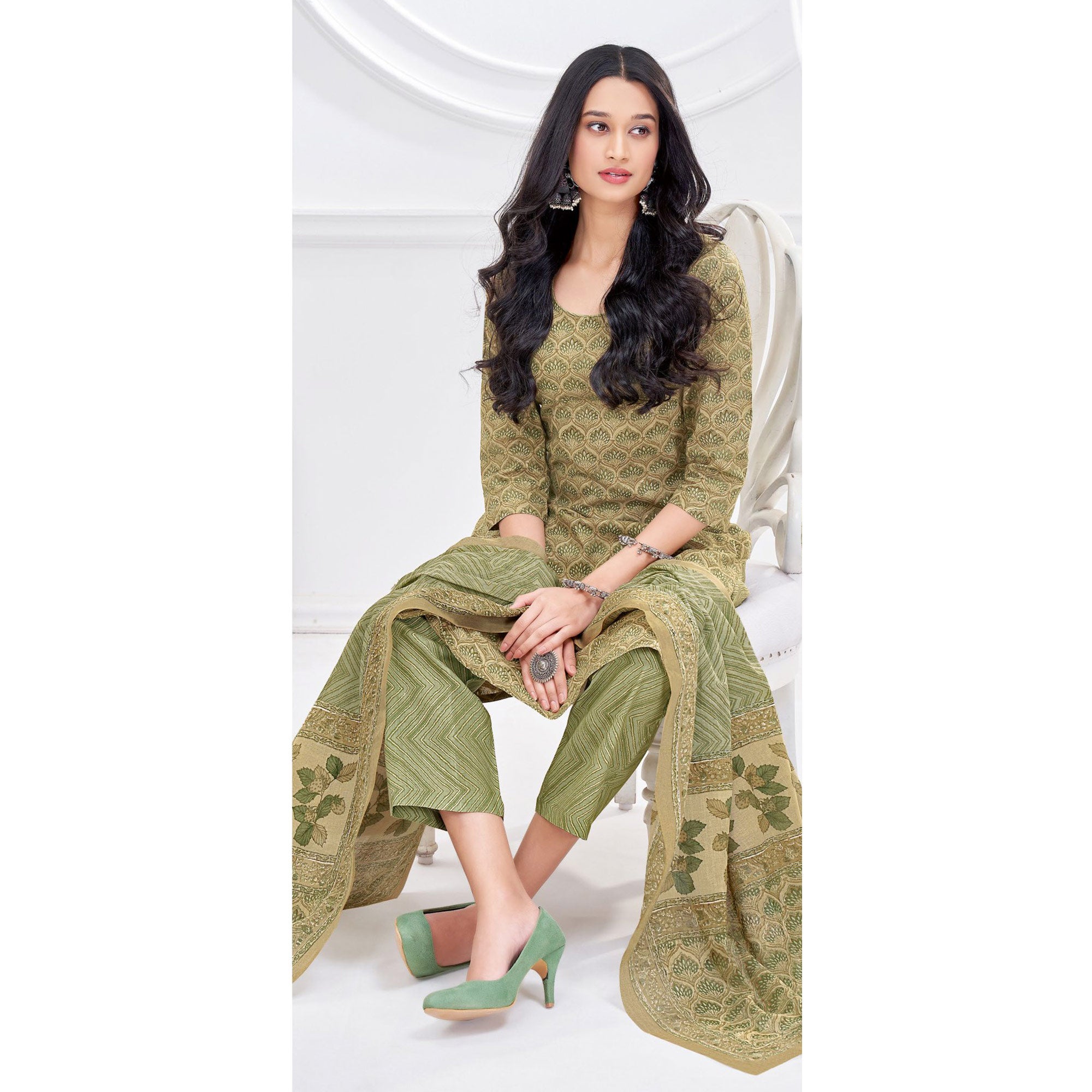 Olive Green Printed Pure Cotton Suit