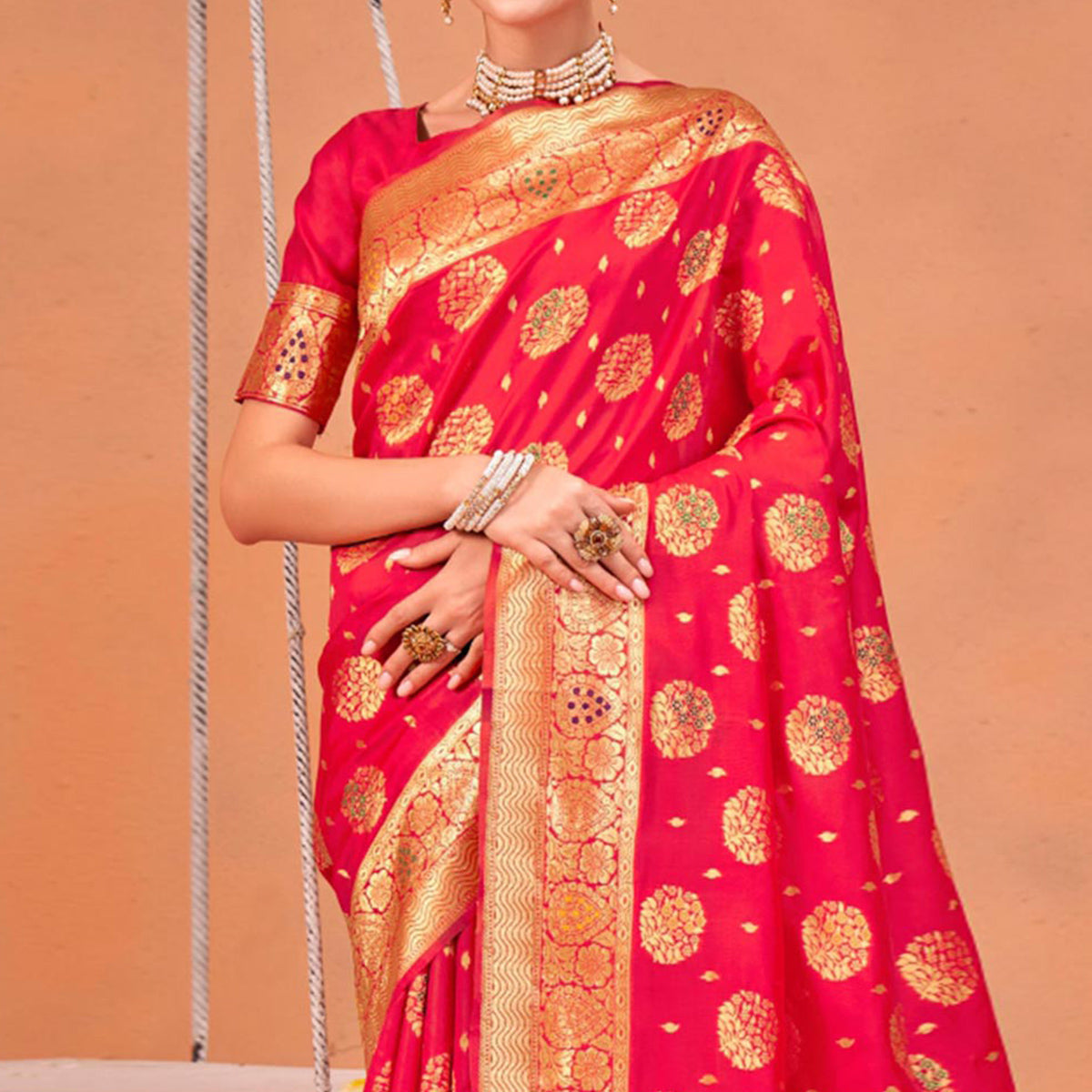 Pink Floral Woven Art Silk Saree