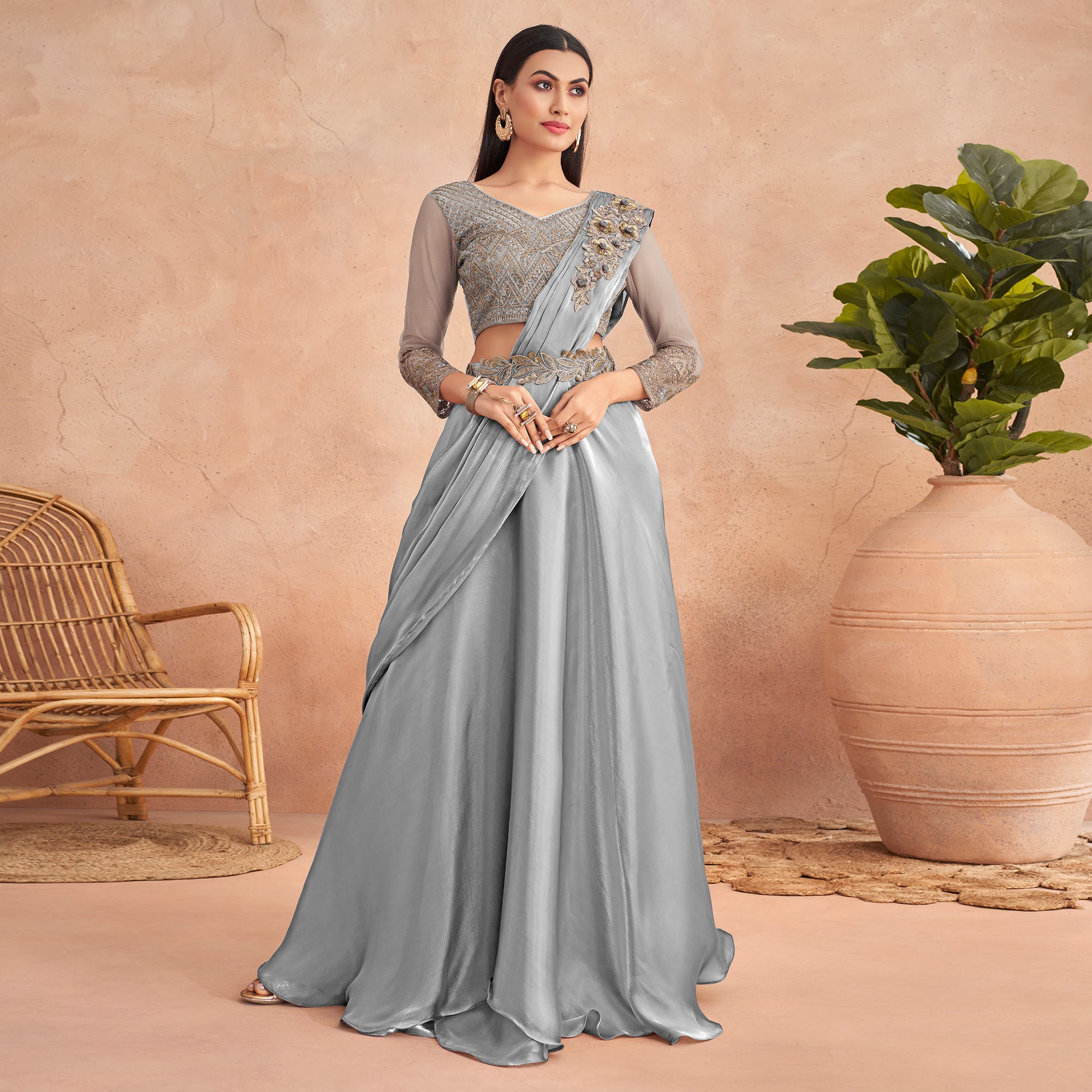 Grey Sequins Embroidered Ready to Wear Art Silk Saree Grey Sequins Embroidered Ready to Wear Art Silk Saree