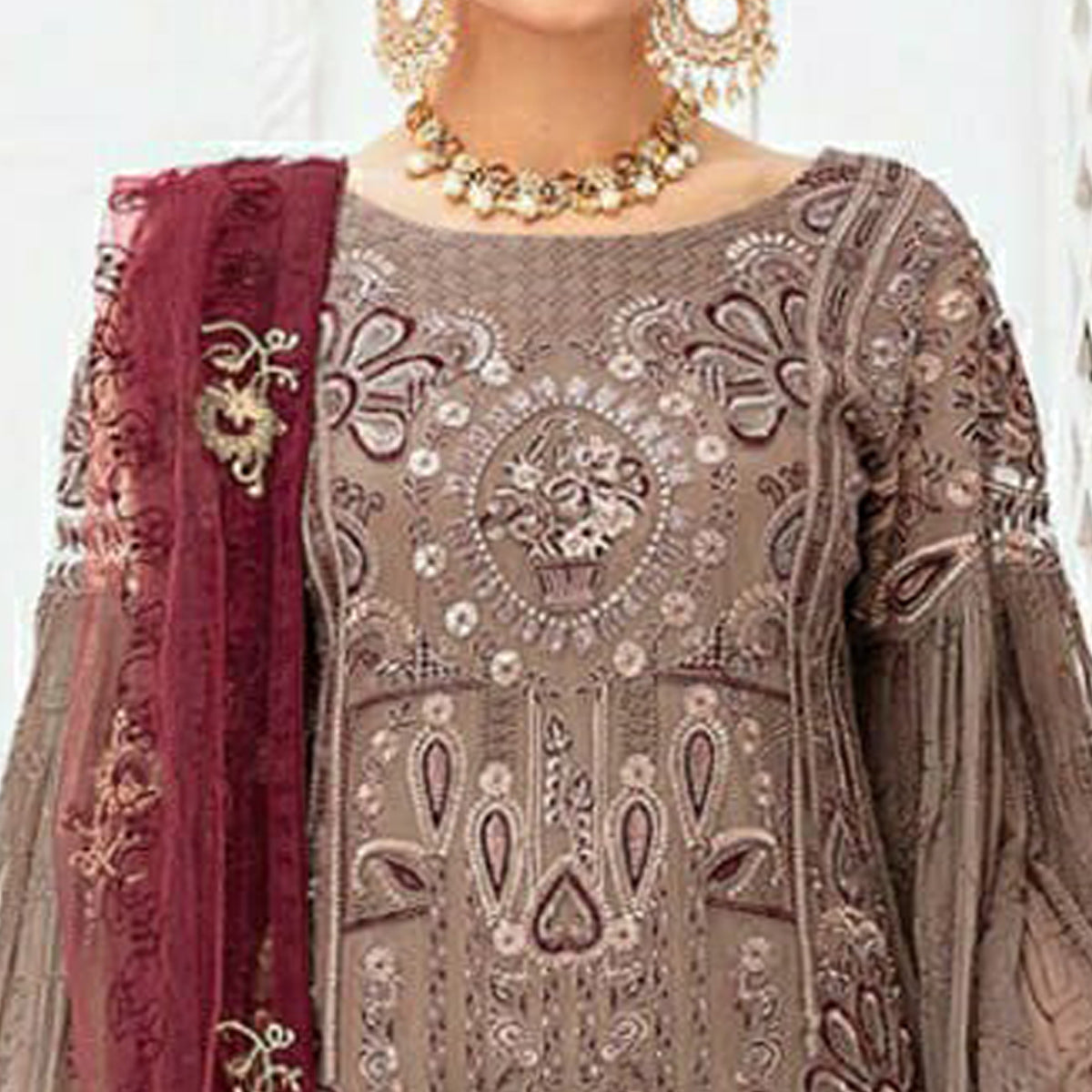 Brown Floral Embroidered Georgette Pakistani Suit