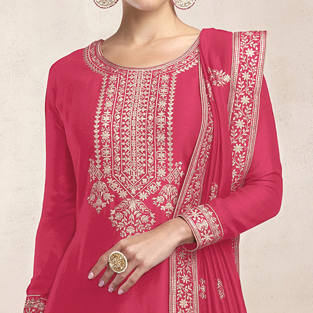 Red Embroidered Dola Silk Salwar Suit