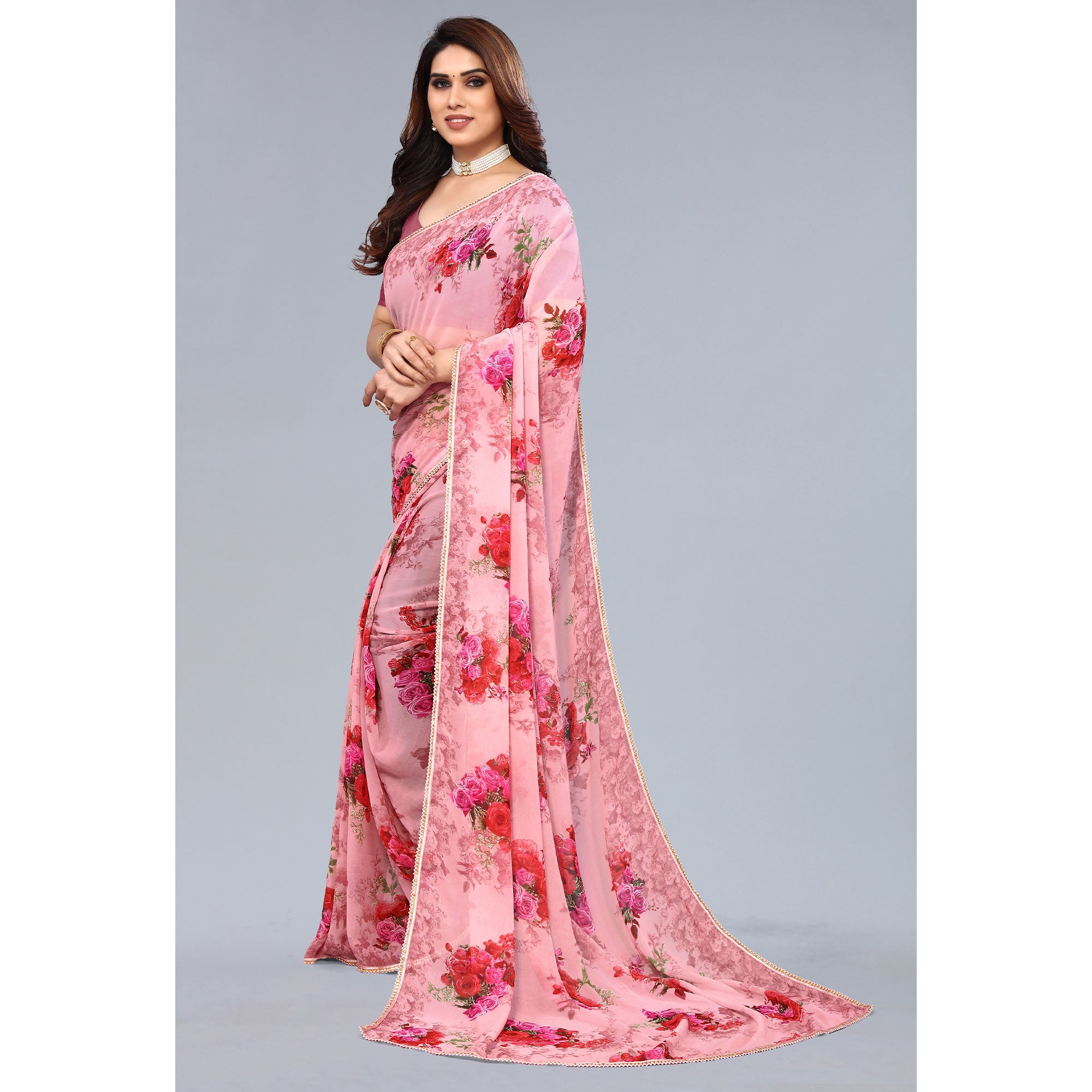 Pink Floral Printed Georgette Saree