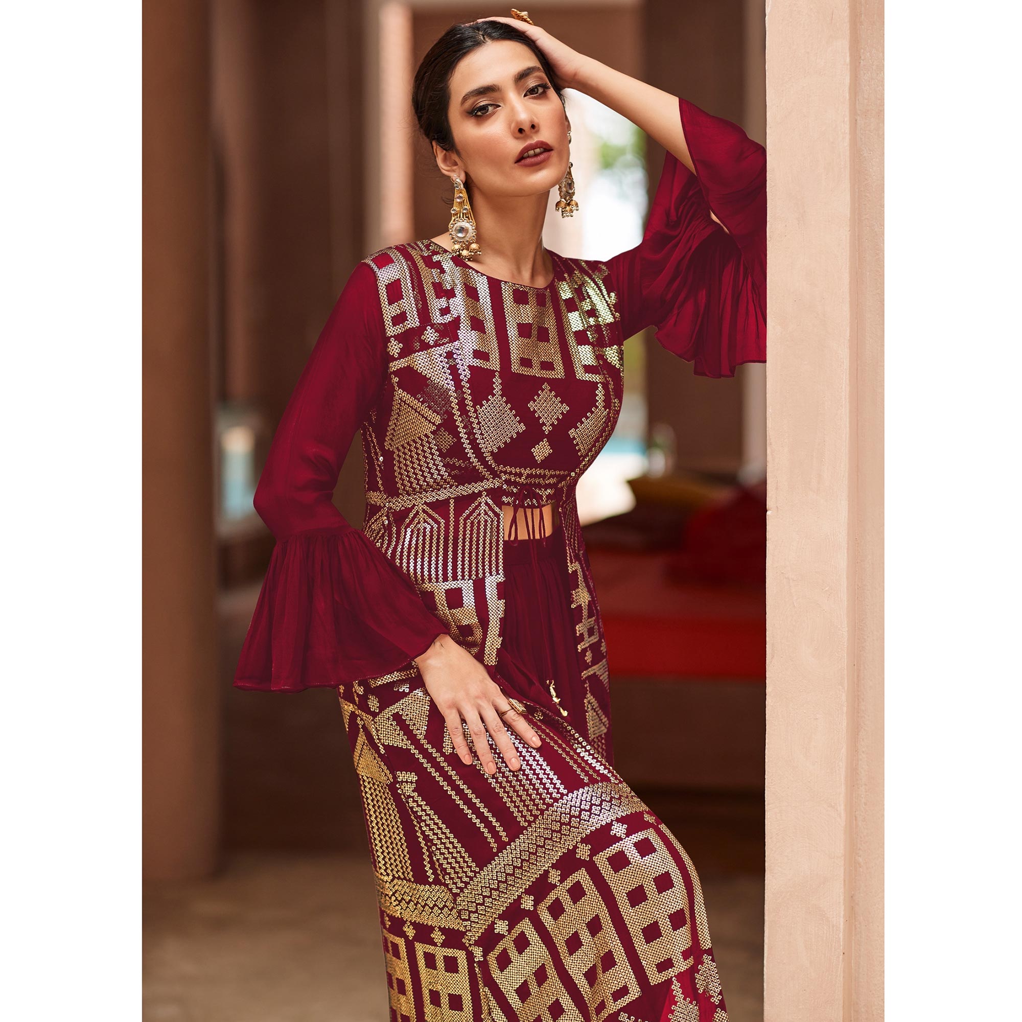 Maroon Sequins Embroidered Georgette Sharara Choli With Jacket