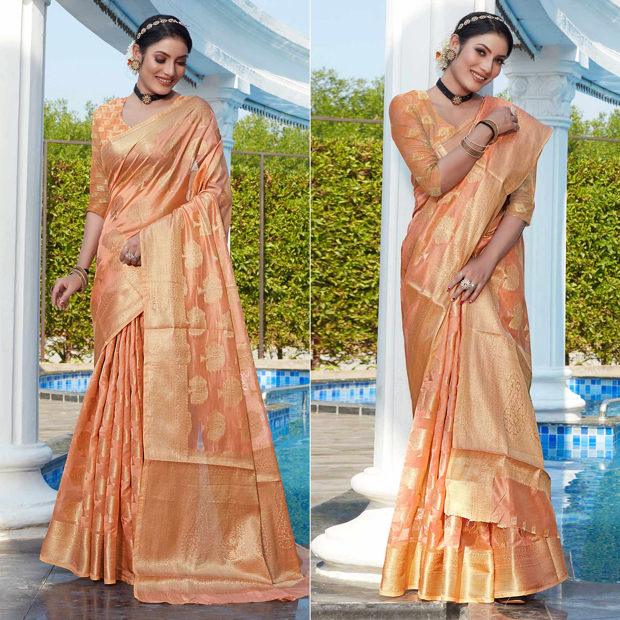 Peach Woven Organza Saree
