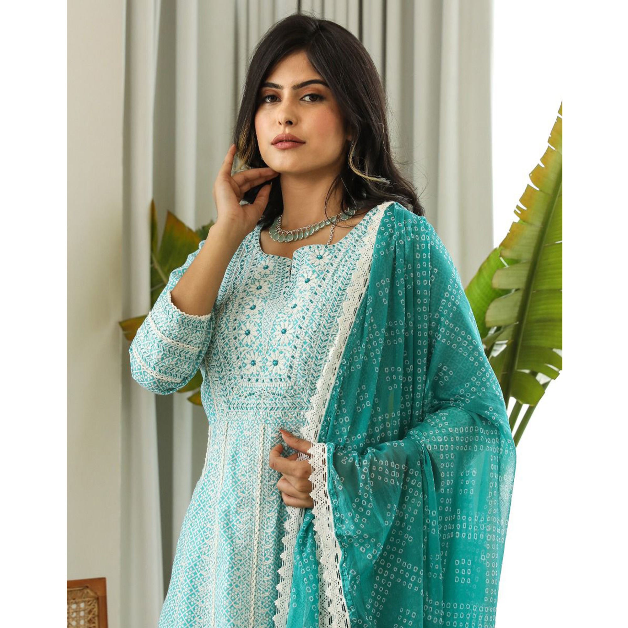 Blue Floral Embroidered Pure Cotton Crosia Border Anarkali Suit