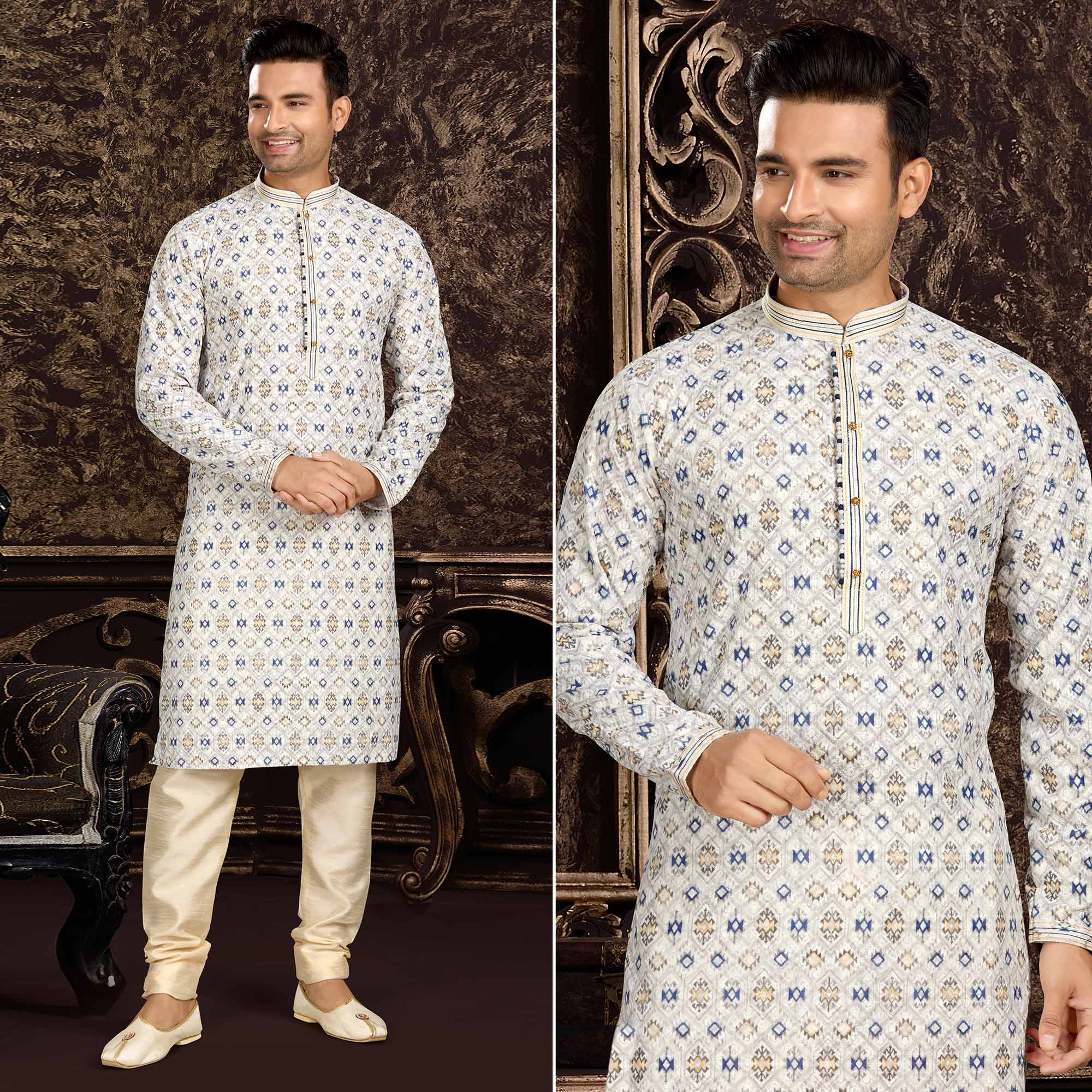 White Lucknowi And Digital Printed Cotton Kurta Pyjama Set