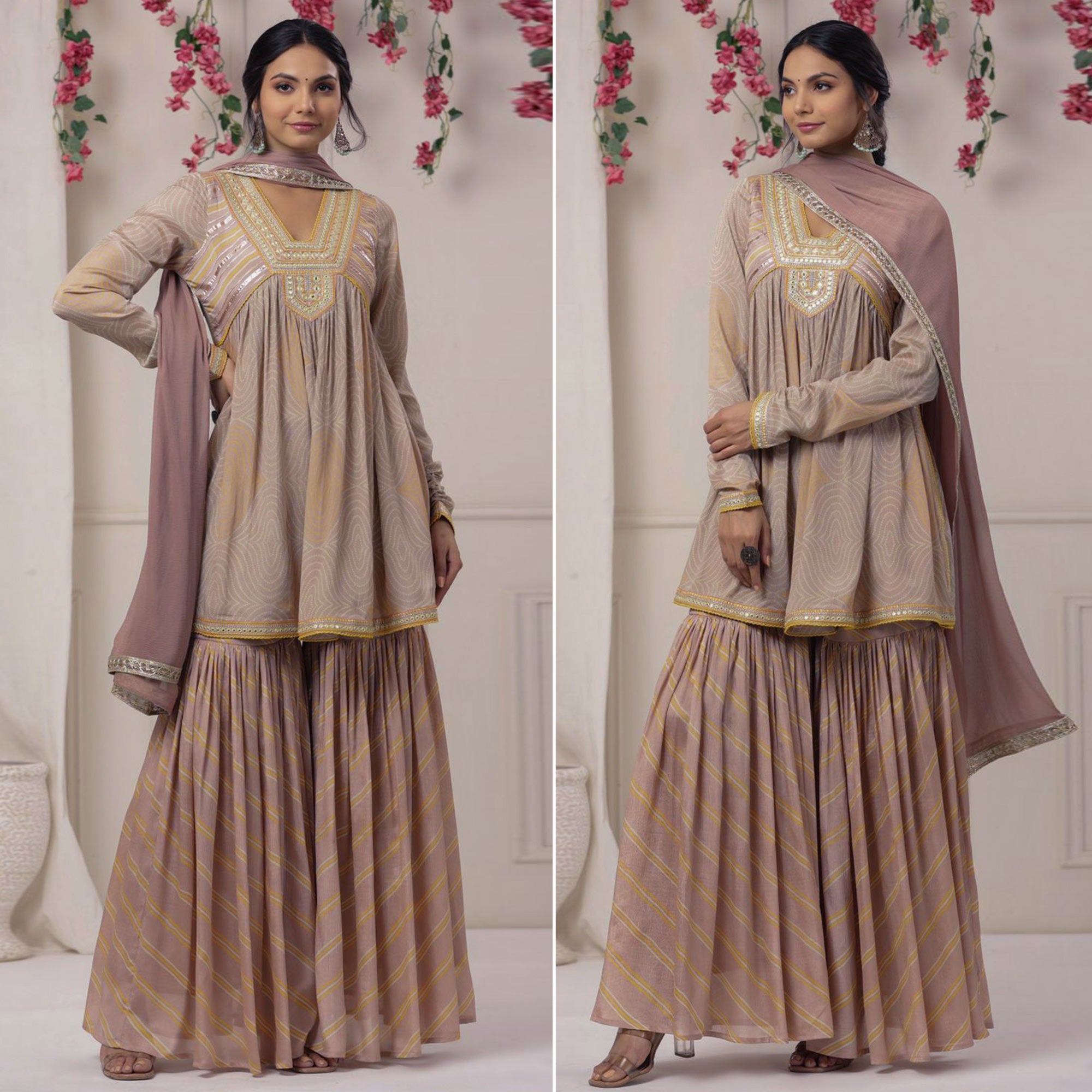 Mauve Printed With Embroidered Chiffon Sharara Suit