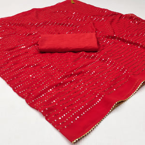Red Sequins Embroidered Georgette Saree