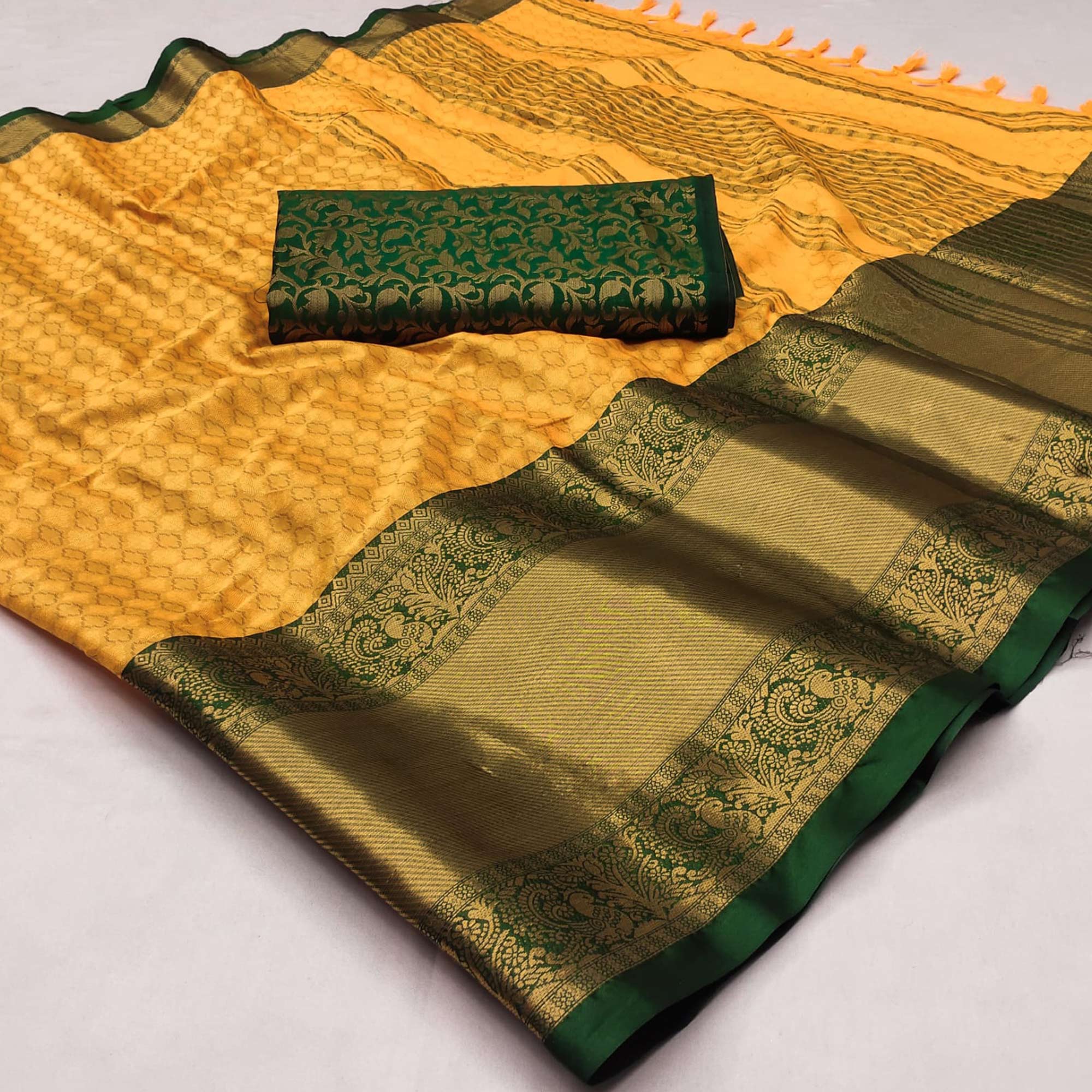 Dusty Yellow Woven Cotton Silk Saree With Tassels