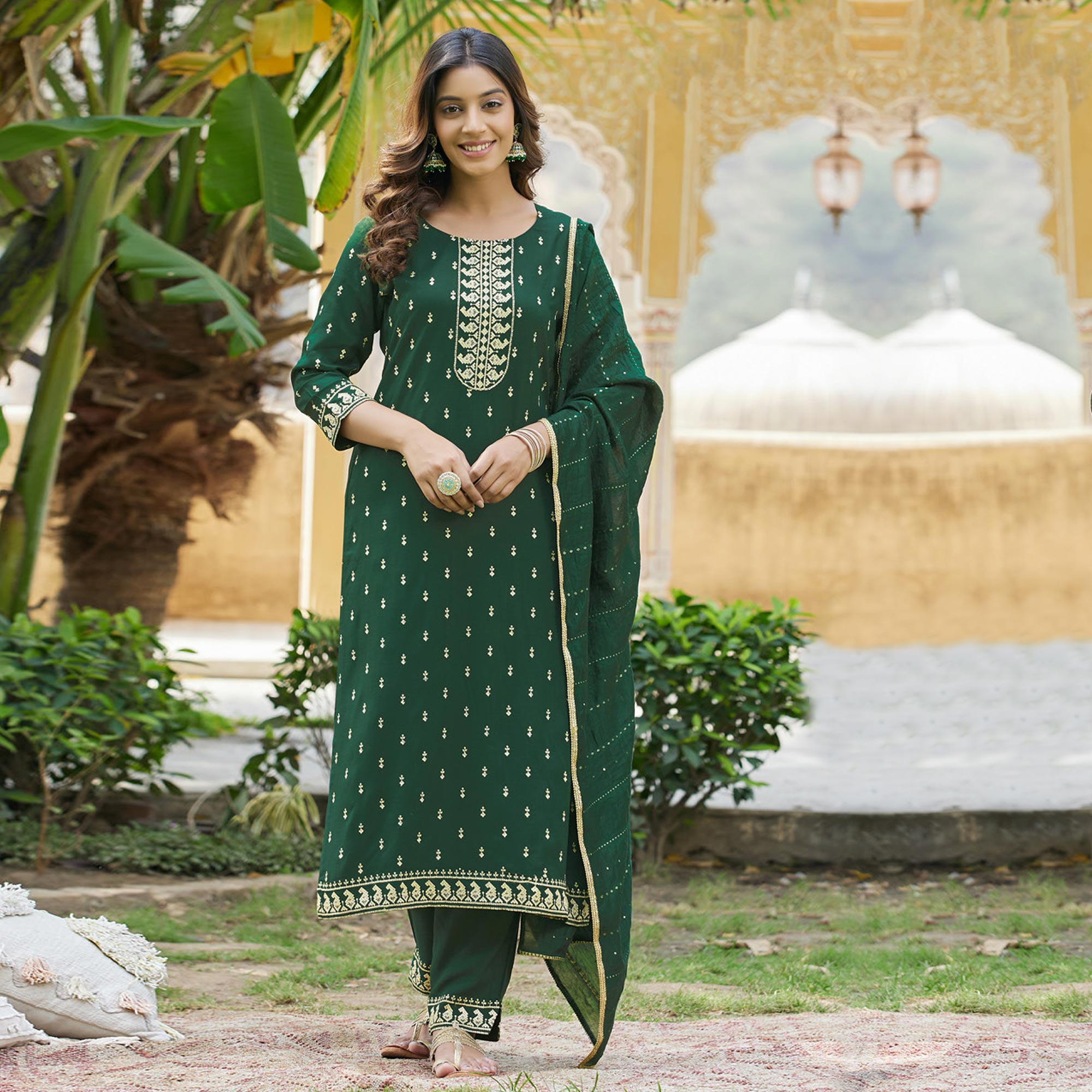 Green Embroidered Cotton Salwar Suit