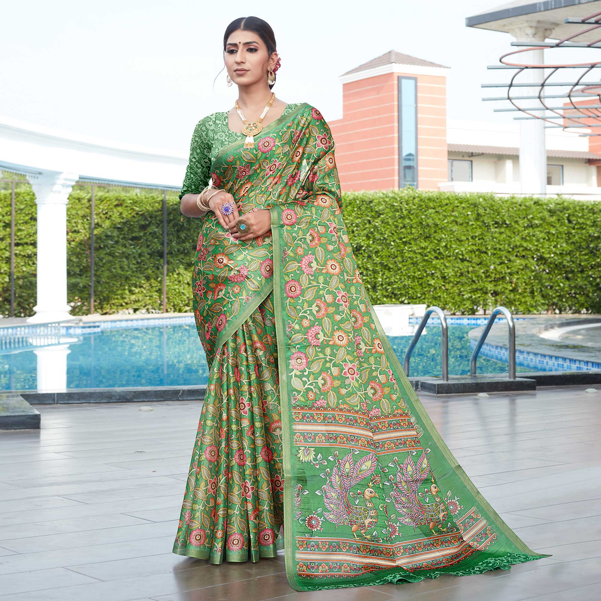 Green Floral Digital Printed Cotton Silk Saree