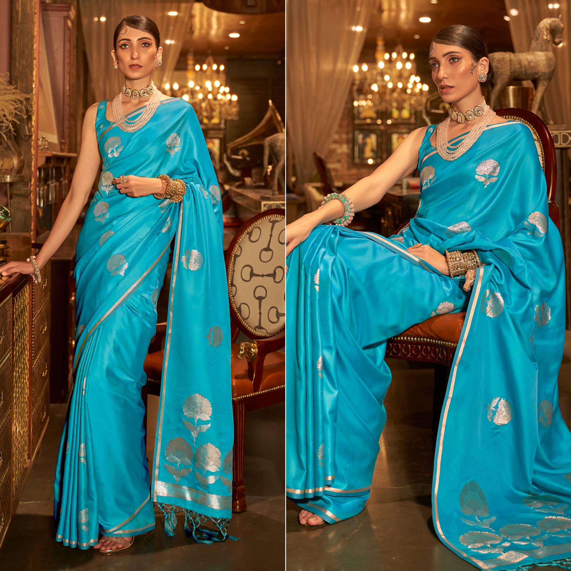 Blue Floral Woven Satin Saree With Tassels